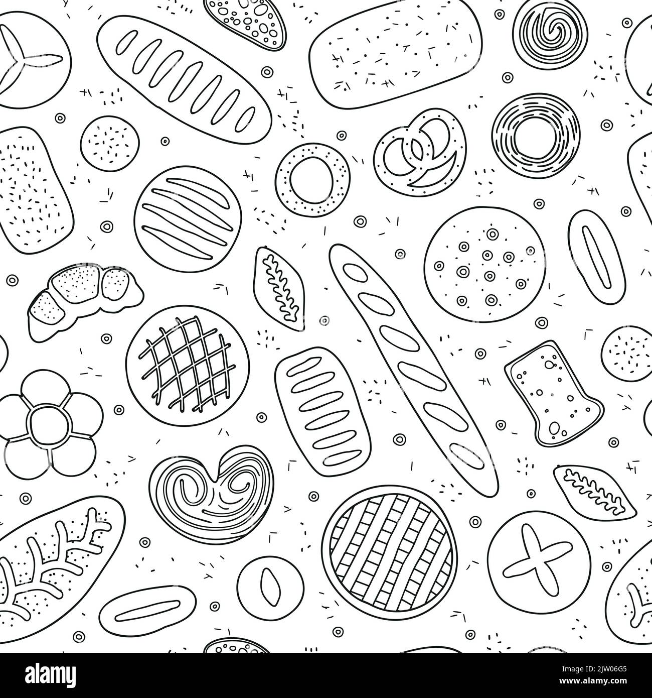 Nahtloses Schwarz-Weiß-Muster mit handgezeichneten Umrissen beim Backen von Brot, Bagel, Brötchen, Gebäck. Stock Vektor