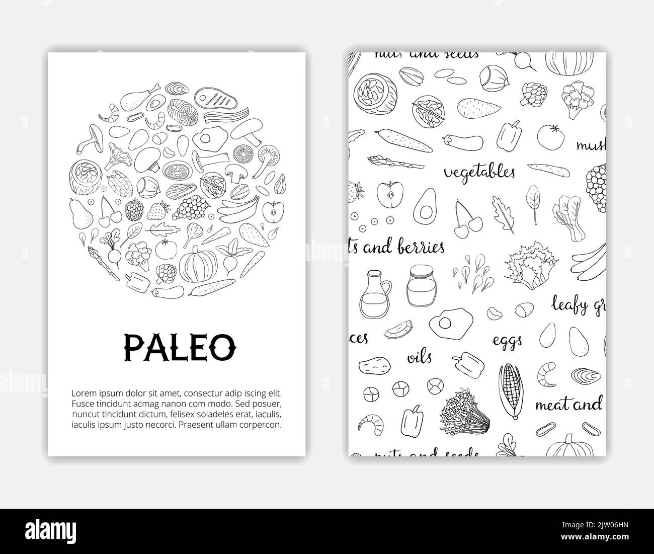 Kartenvorlagen mit handgezeichneten Umriss paleo Diät Lebensmittel. Verwendete Begrenzungsmaske. Stock Vektor