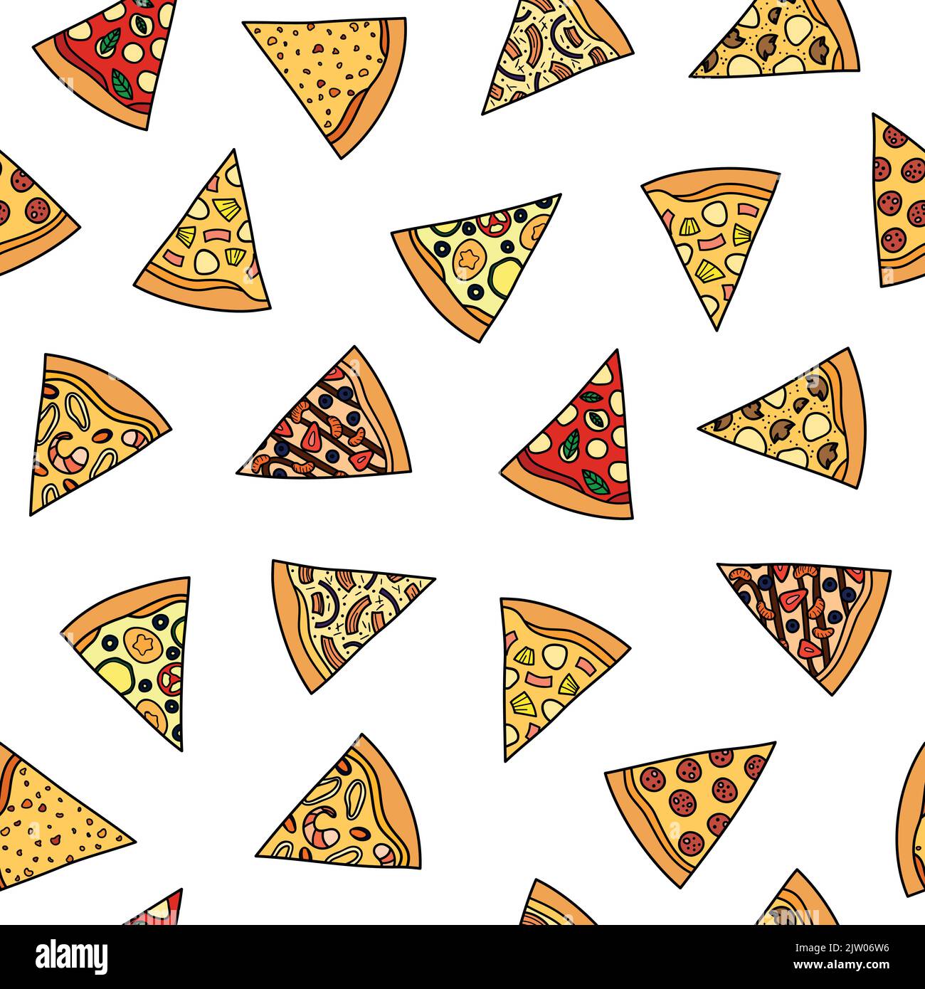 Nahtloses Muster mit verschiedenen kritzelfarbenen Pizzascheiben. Stock Vektor