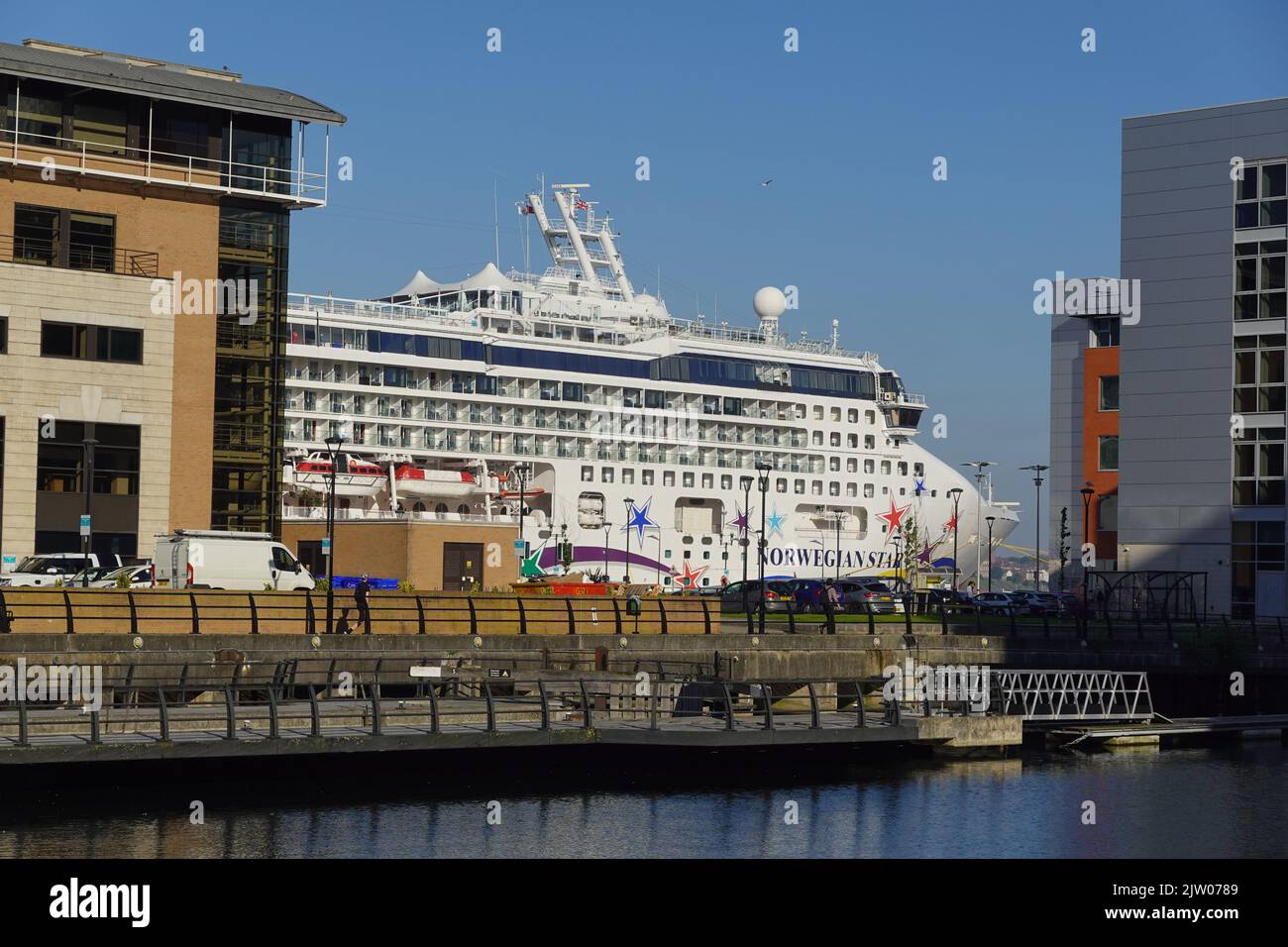 Norwegian Star Cruise Liner, River Mersey, Liverpool, Merseyside, Großbritannien Stockfoto