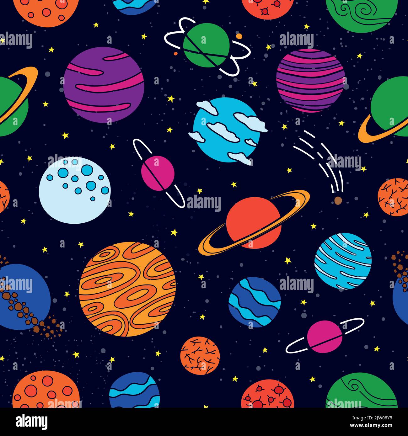 Dunkelblaues nahtloses Muster mit verschiedenen bunten Doodle fantastische Weltraum-Planeten. Stock Vektor