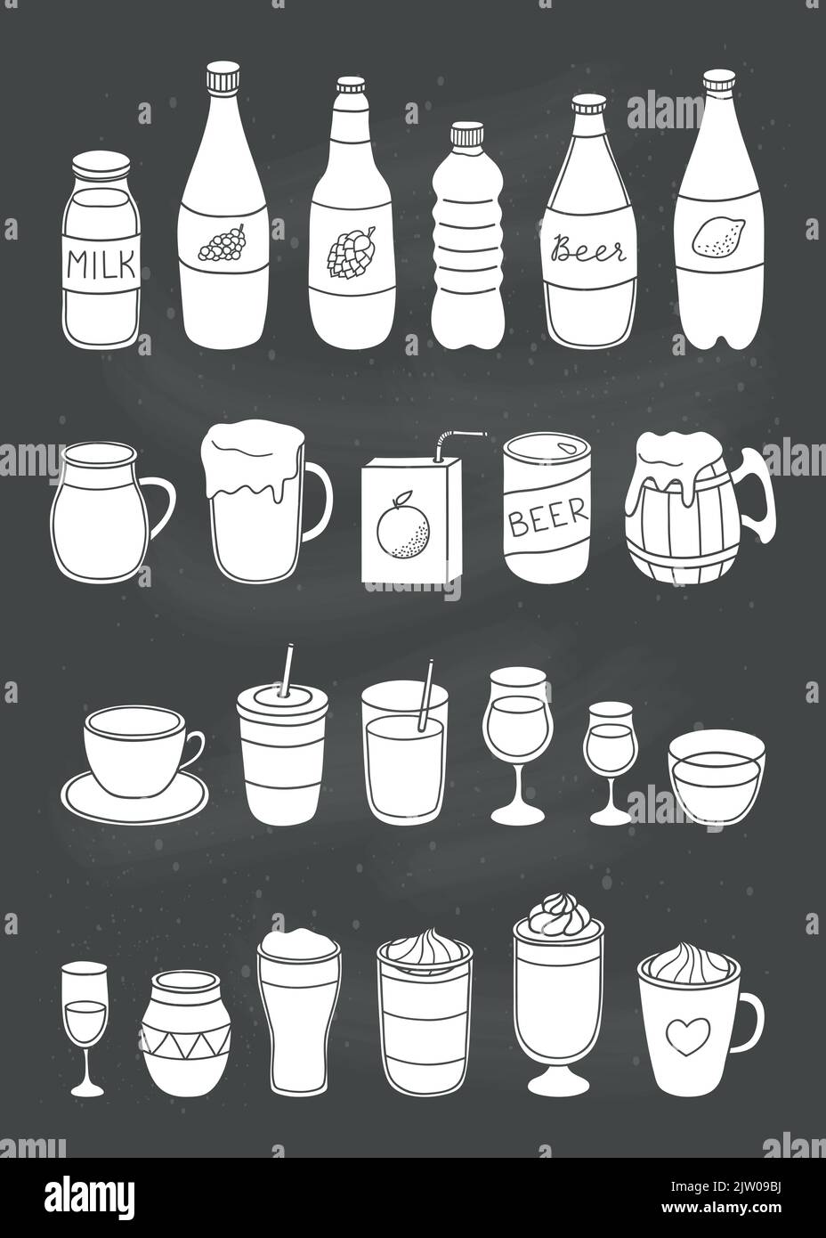 Satz verschiedener, von Hand gezogener flüssiger Getränke, isoliert auf der Tafel. Stock Vektor