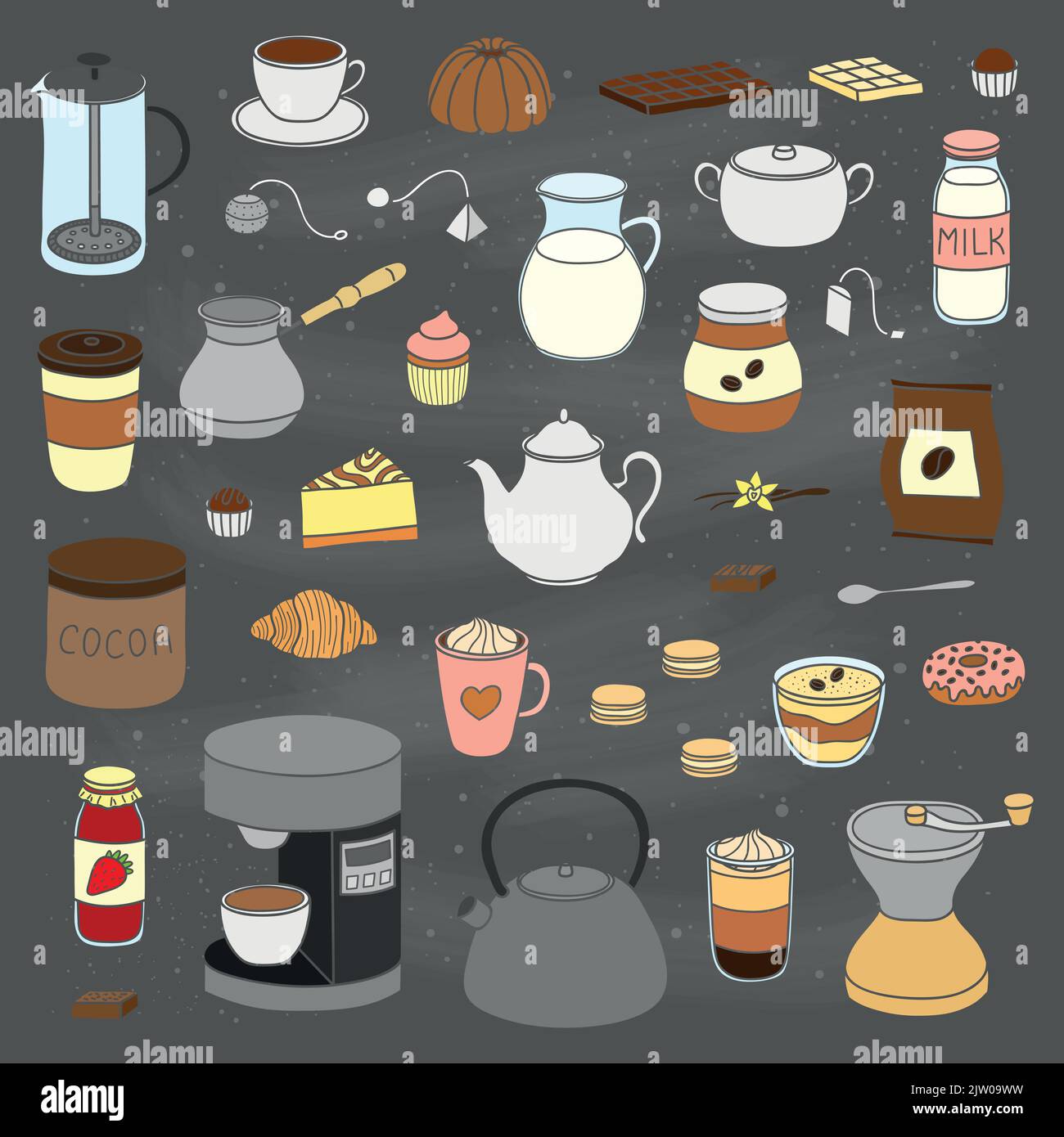 Handgezeichnete farbige Kaffee-, Tee- und Kakaoartikel auf Tafel-Hintergrund isoliert. Stock Vektor