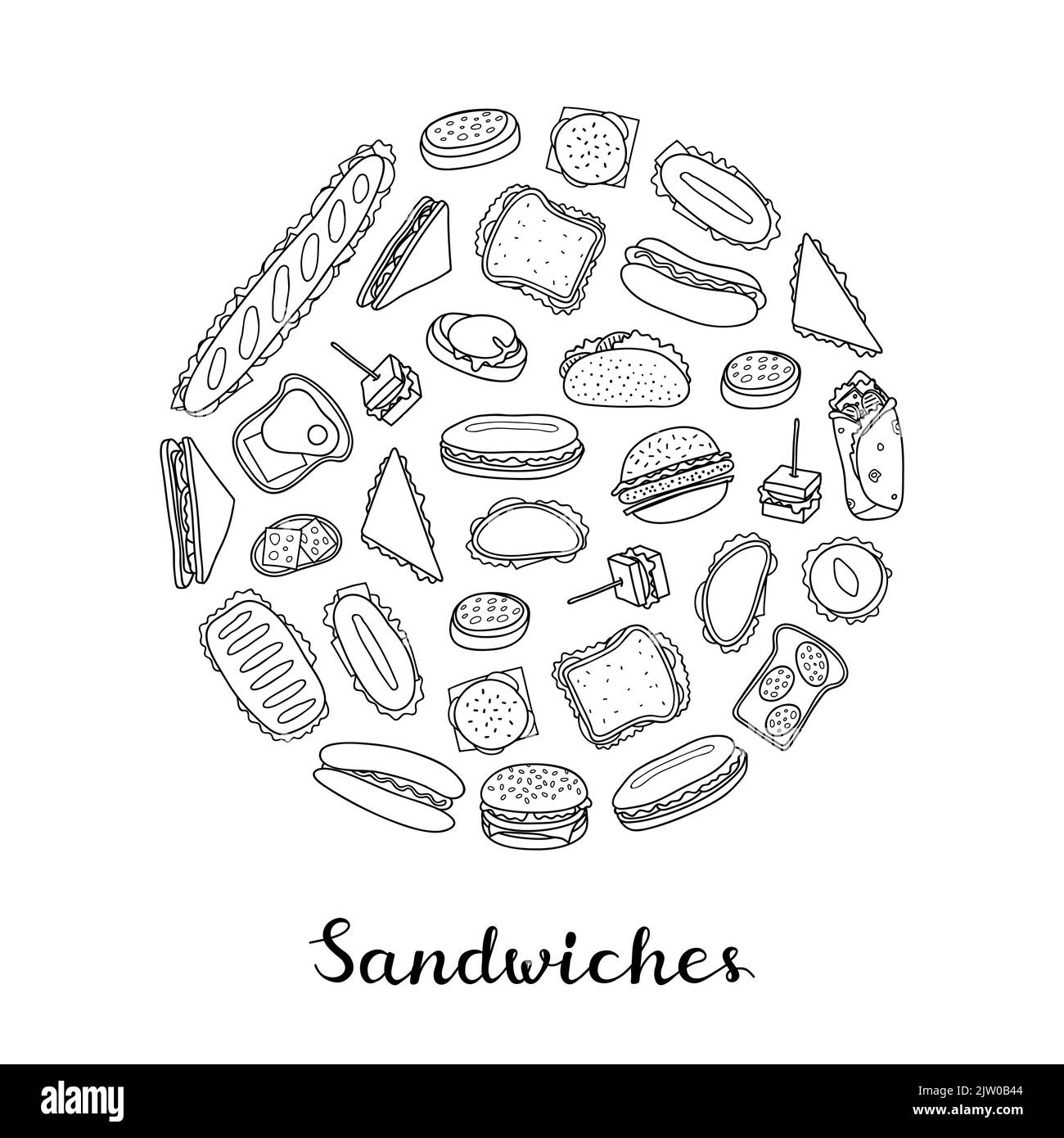 Verschiedene handgezeichnete Sandwiches und Burger, die kreisförmig mit Schriftzügen gestaltet sind. Stock Vektor