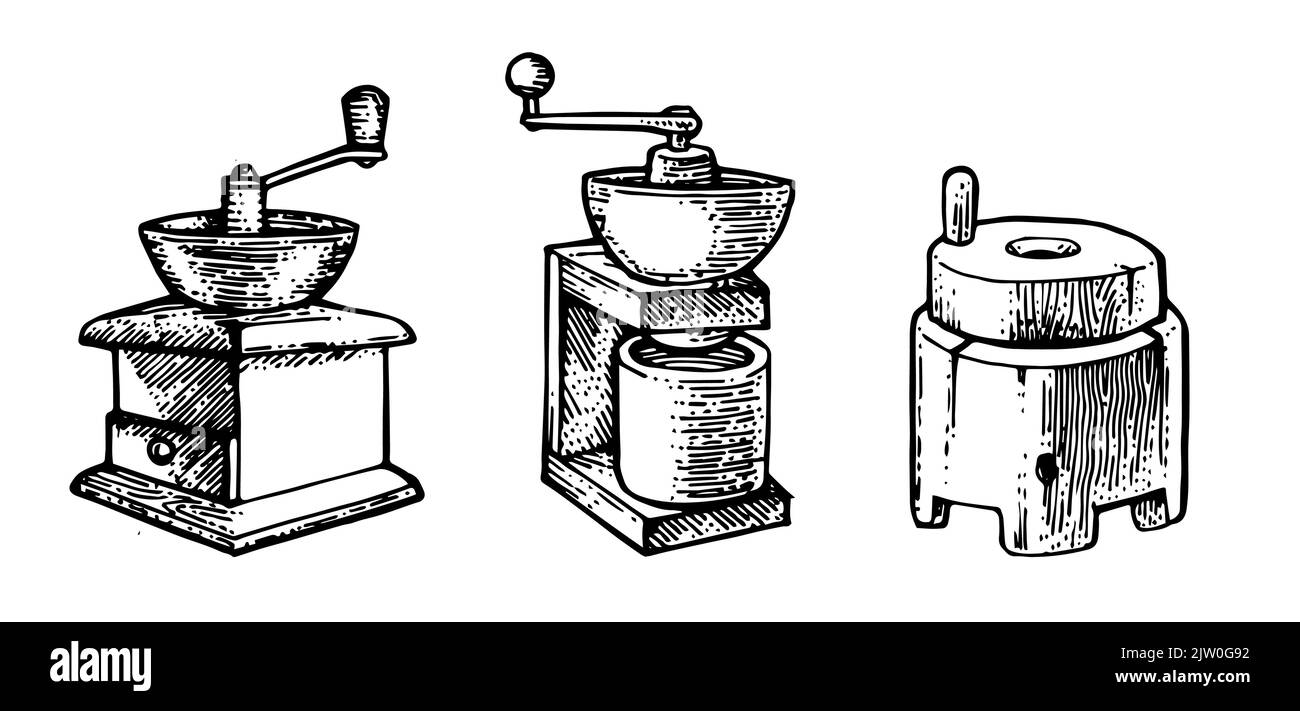 Set der manuellen Mühle für die Herstellung von Mehl und gemahlenem Kaffee. Veraltete alte Retro-Technologie. Zu Pulver mahlen. Handgezeichnete Umrissskizze. Isoliert ein Stock Vektor