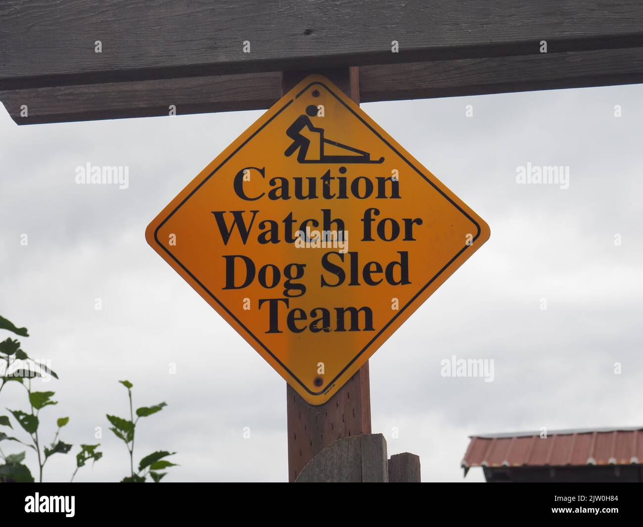 Achten Sie auf das Warnschild des Hundeschlittenteams Stockfoto