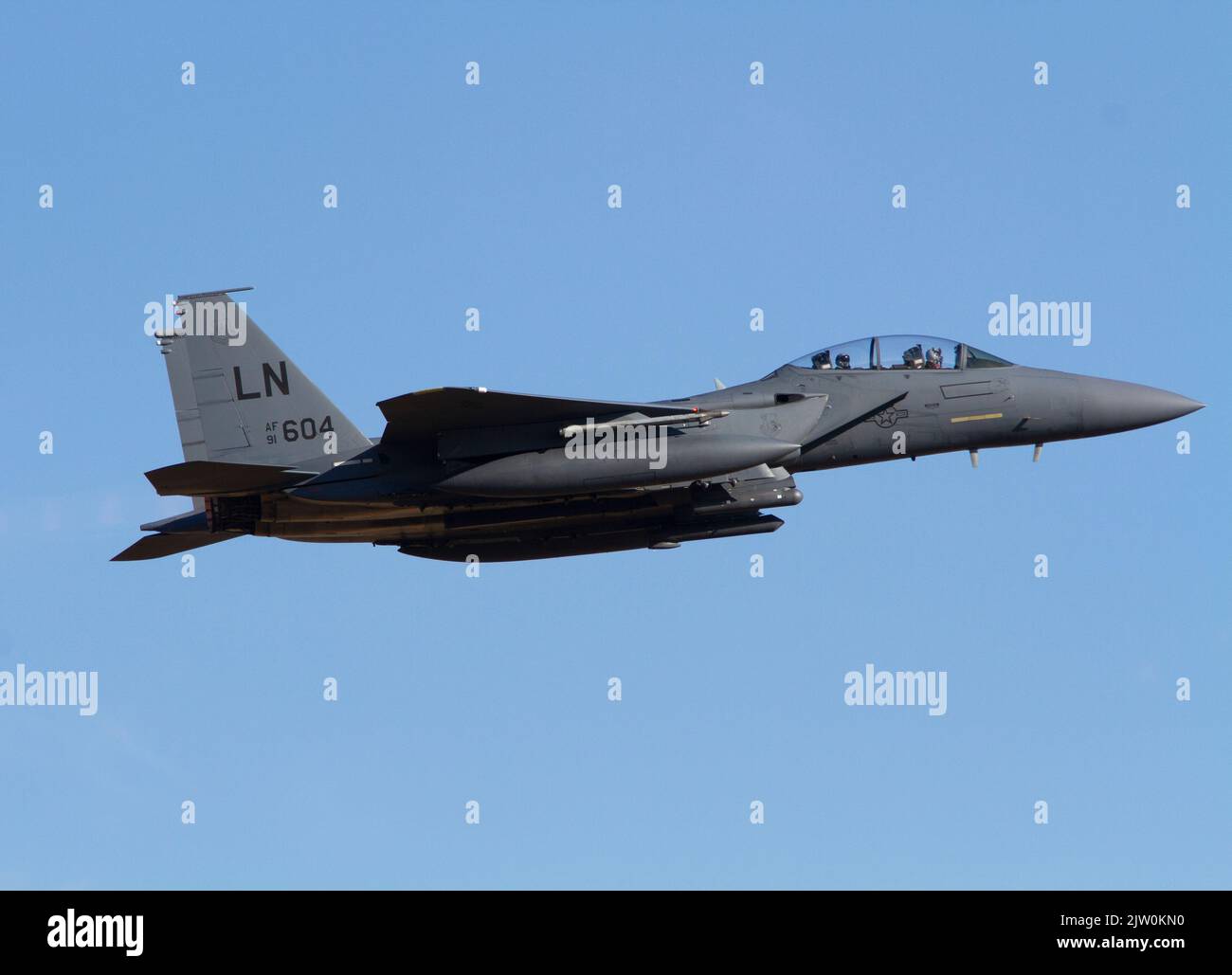 F-15E Strike Eagle AF 91-0604 beim Start, Start der Start- und Landebahn 07 RAF Lakenheath, 29.. Juli 2022 bei RAF Lakenheath in Großbritannien Stockfoto