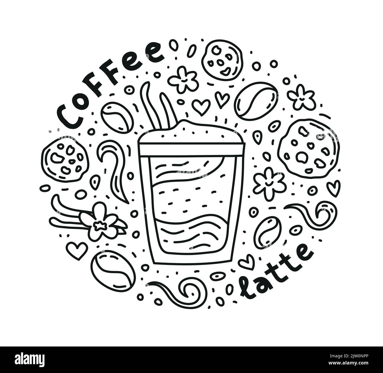 Poster mit niedlichem Doodle Latte-Kaffeegetränk und Bohnen, Keksen, Gewürzen, Punkten. Stock Vektor