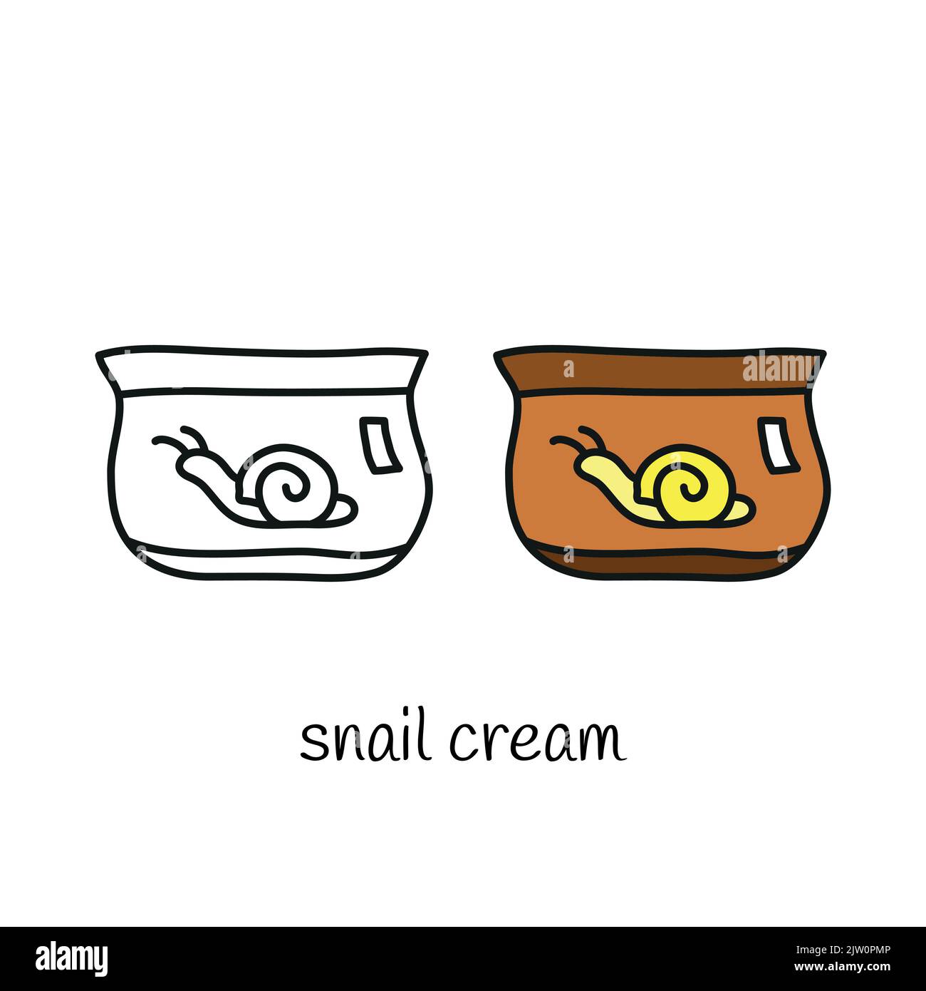 Doodle Umriss und farbige Schnecke Creme isoliert auf weißem Hintergrund. Stock Vektor