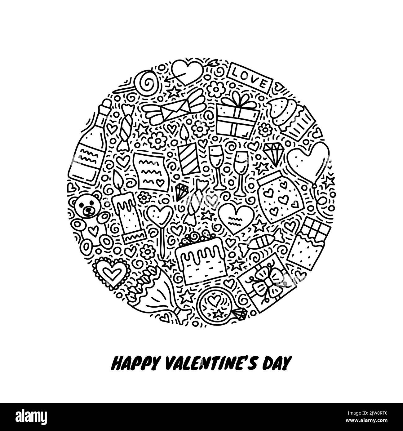 Skizzieren Doodle Valentinstag Symbole in Kreisform komponiert. Stock Vektor
