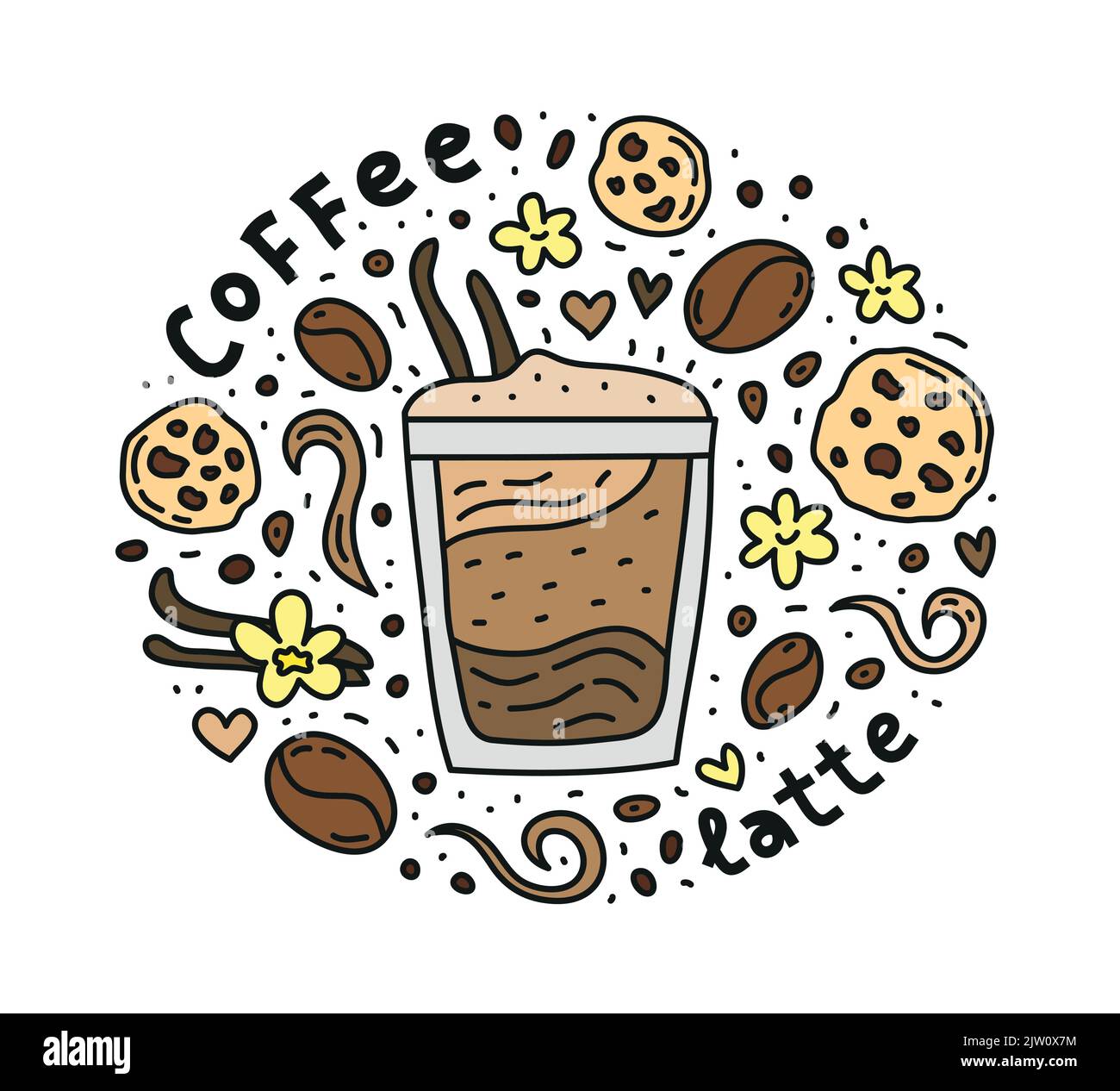 Poster mit niedlichem Doodle Latte-Kaffeegetränk und Bohnen, Keksen, Gewürzen, Punkten. Stock Vektor