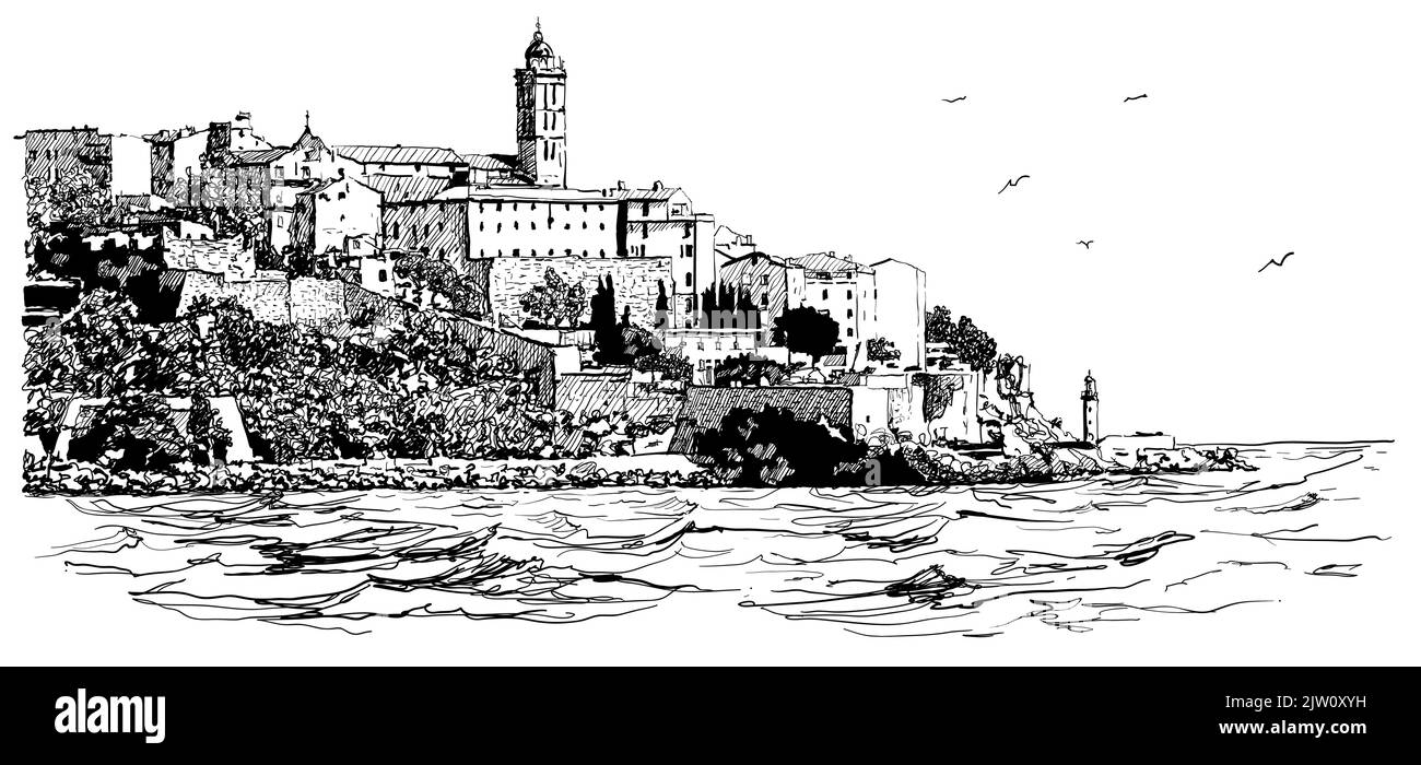 Bastia Blick auf die Altstadt vom Meer - Korsika, Frankreich - Vektor-Illustration (ideal für den Druck auf Stoff oder Papier, Poster oder Tapeten, Haus decorati Stock Vektor