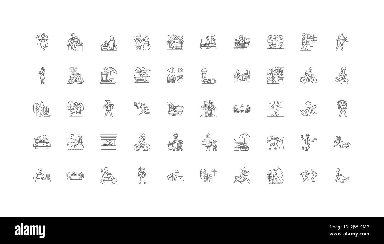 Freizeitangebote, lineare Symbole, Linienschilder, Vektorsammlung Stock Vektor