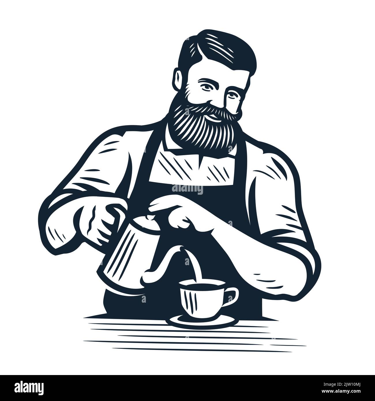 Der Barista gießt die Creme in die Kaffeetasse. Design-Element für Restaurant- oder Café-Menü. Herstellung Handwerk Kaffee trinken Vektor Stock Vektor