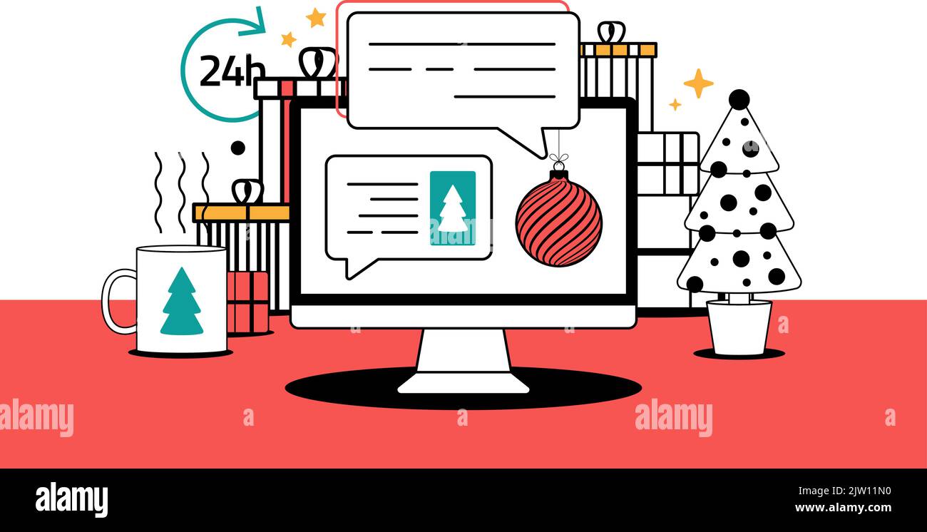 Online weihnachtsgrüße Konzept Linie Vektor Illustration.. Stock Vektor