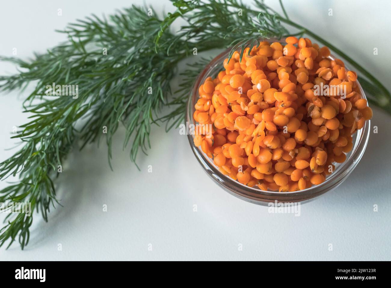 Rote Linsen. Vorteile von Hülsenfrüchten. Nationale Küche. Quelle von Omega-Fettsäuren. Orangefarbene Zierleiste. Stockfoto
