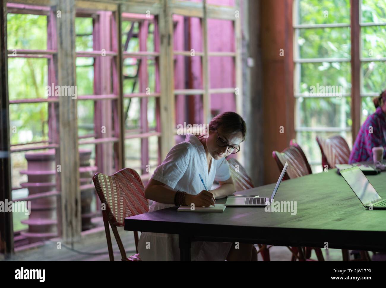 Fokussierte junge Frau oder Schülerin, die Notizen macht, mit einem Laptop, Fremdsprachen lernt Stockfoto
