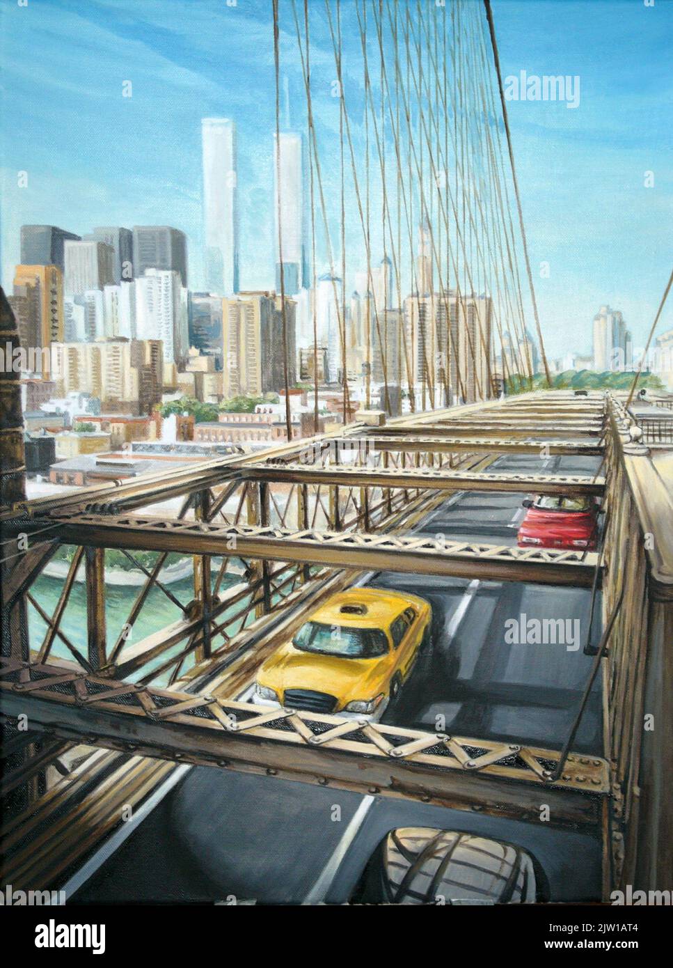 AJAXNETPHOTO. 2000. NEW YORK, USA. - DIE BRÜCKE - BLICK IN RICHTUNG DOWNTOWN MANHATTAN MIT ZWEI WELTHANDELSZENTRUM TÜRMEN ENTFERNT VON BROOKLYN BRÜCKE.ILLUSTRATION:ORIGINAL ARTWORK/ÖL AUF LEINWAND VON CAROLINE BEAUMONT FOTO:AJAX NEWS & FEATURE SERVICE REF:LC140103 82 Stockfoto