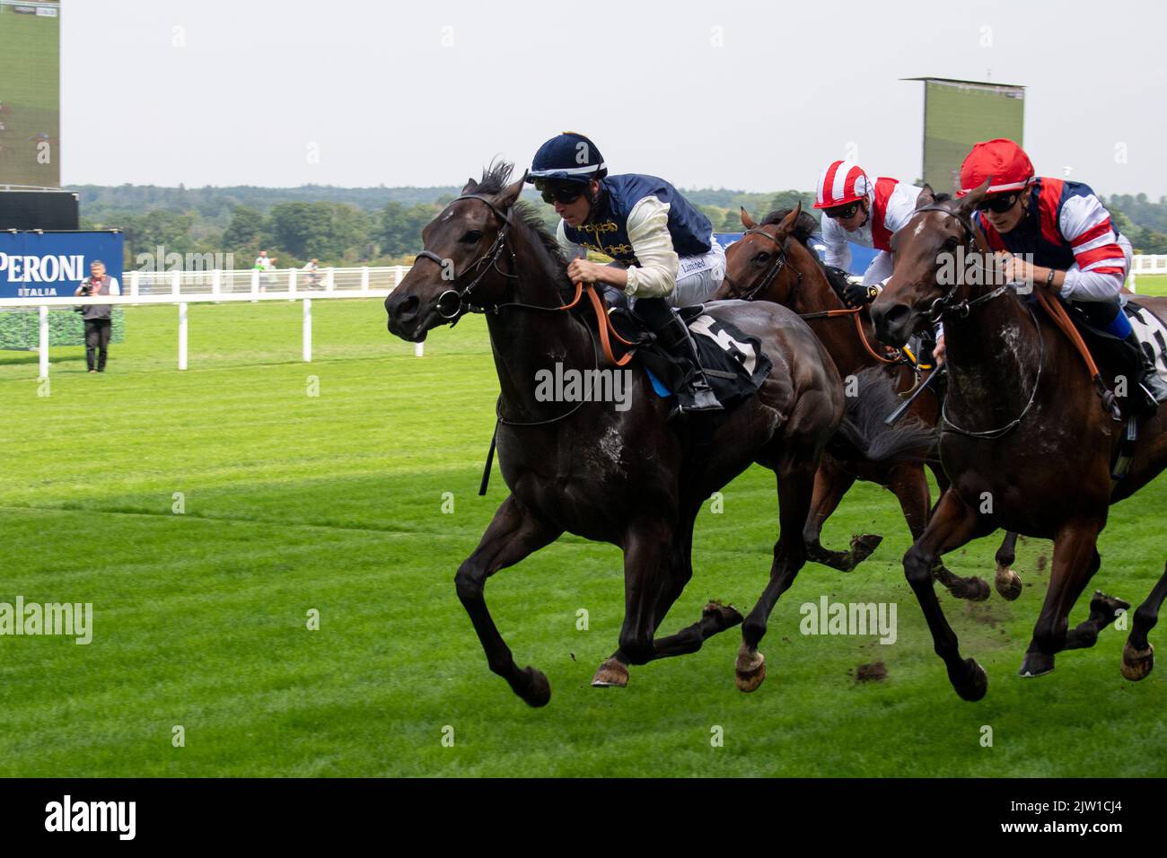 Ascot, Bergen, Großbritannien. 2.. September 2022. Horse Revenite mit Jockey Ray Dawson (linke, blaue und gelbe Seide) gewinnt die Events bei Ascot British EBF eingeschränkte Novize Stakes beim Ascot Racecourse September Racing Weekend. Besitzer Opulenz Thoroughbreds. Trainer Roger Varian, Newmarket. Quelle: Maureen McLean/Alamy Live News Stockfoto