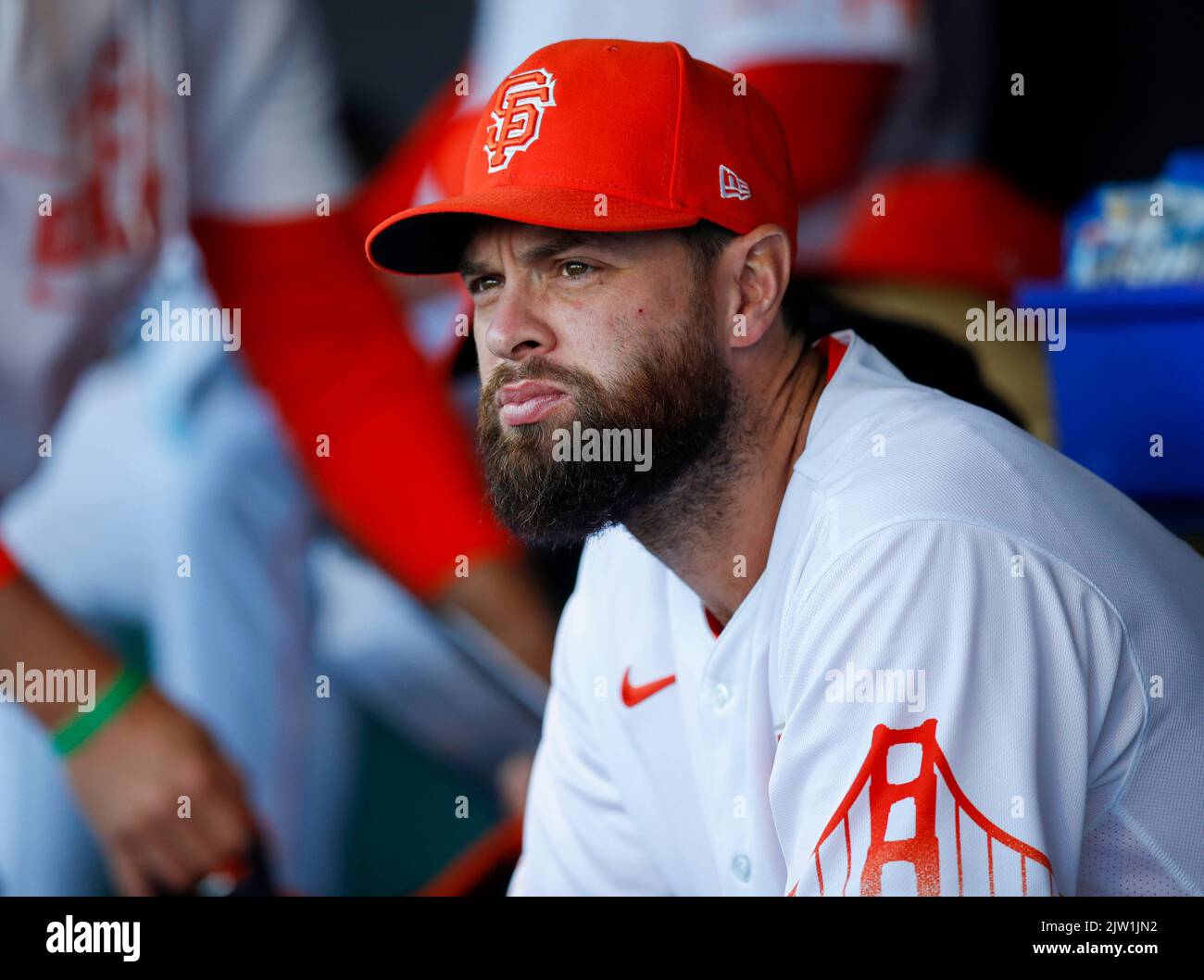 San Francisco, Usa. 14.. Juni 2022. San Francisco Giants erster Baseman Brandon Belt (9) schaut auf während eines Spiels gegen die Kansas City Royals im Oracle Park in San Francisco, am Dienstag, 14. Juni 2022. (Foto: Nhat V. Meyer/Bay Area News Group/TNS/Sipa USA) Quelle: SIPA USA/Alamy Live News Stockfoto