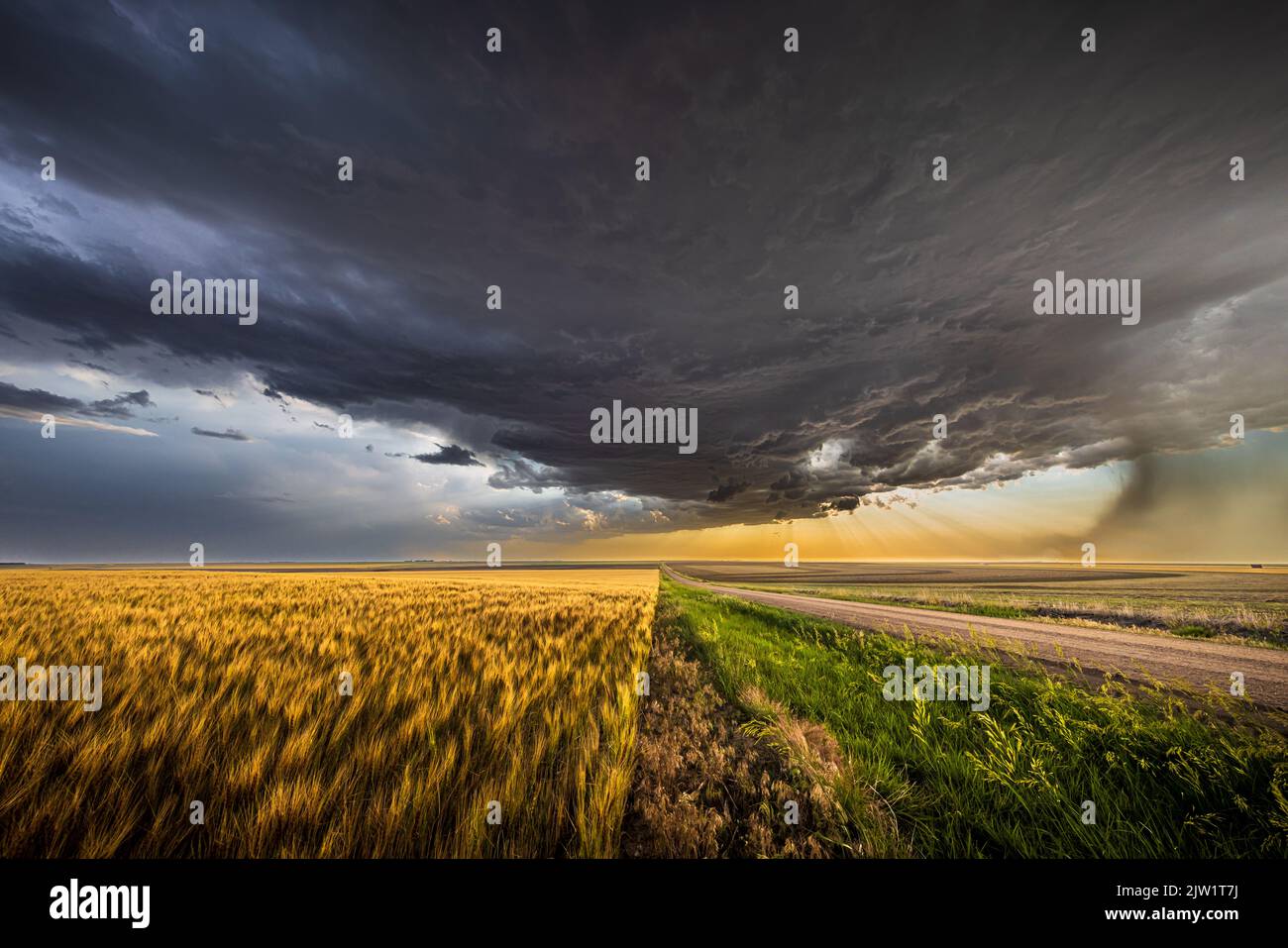 Storrmy Himmel über Landstraße in der Nähe von Grinnell, Kansas Stockfoto
