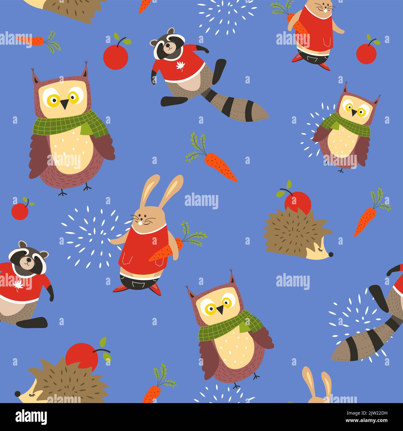 Tiermuster, Eule im Schal Waschbär und Igel Stock Vektor