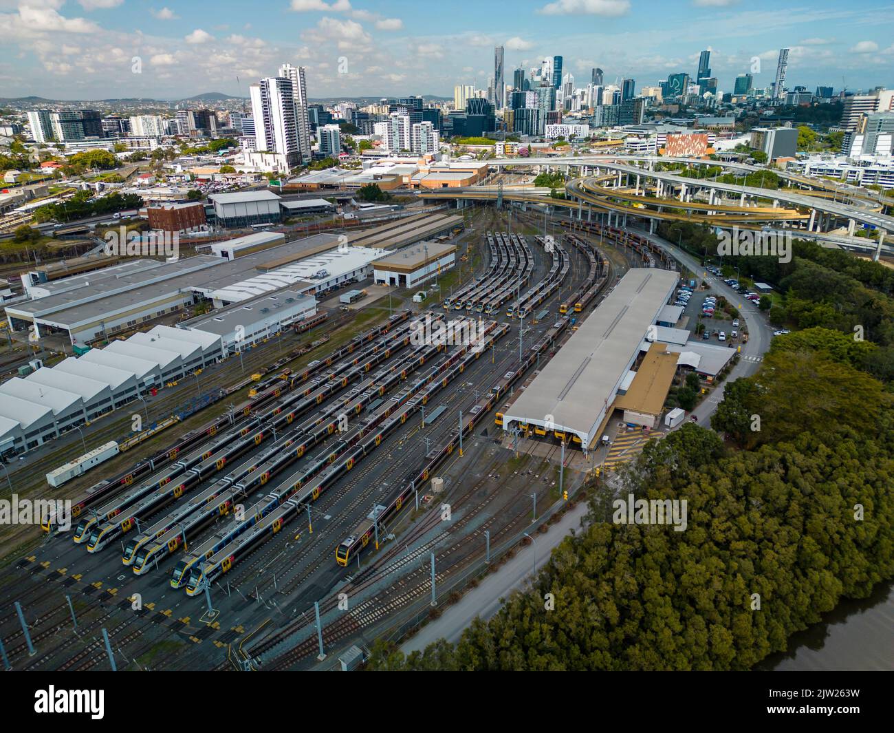 Luftaufnahme des Bahndepots in Brisbane, Australien Stockfoto