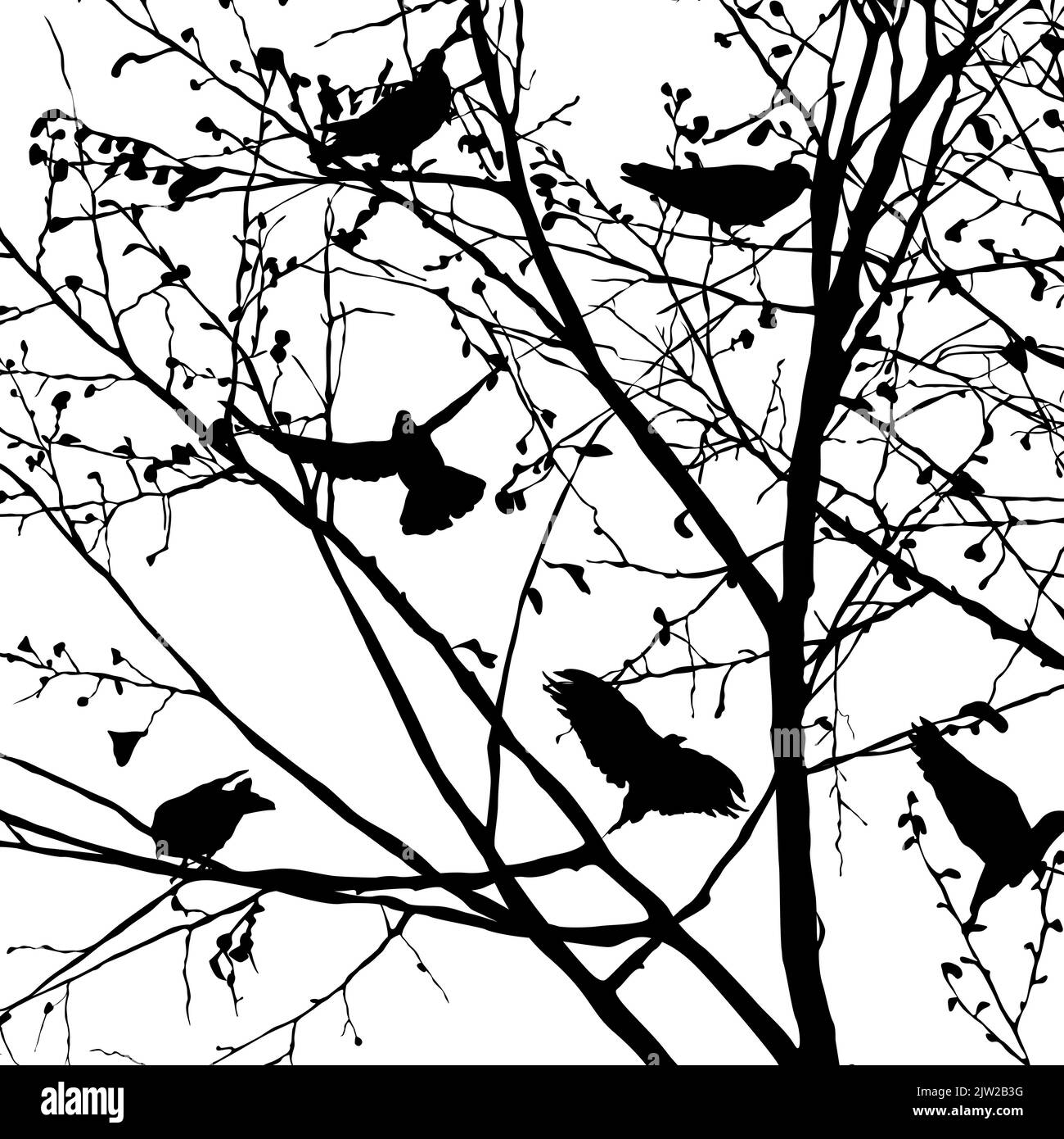 Hintergrund Abbildung mit Tauben Silhouetten in den Bäumen, Vektor Stockfoto
