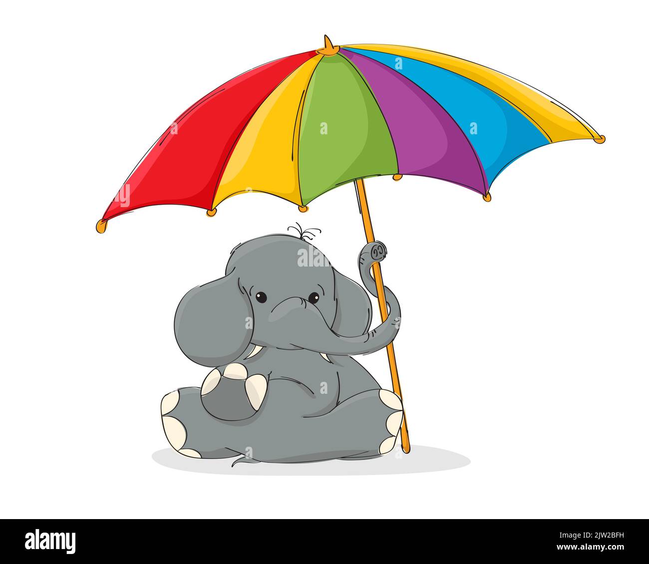 Niedlicher Elefant sitzt unter farbigem Regenschirm. Vektor-Illustration für Klildren und Baby Kleidung drucken. Vorlage für Babydusche Stockfoto