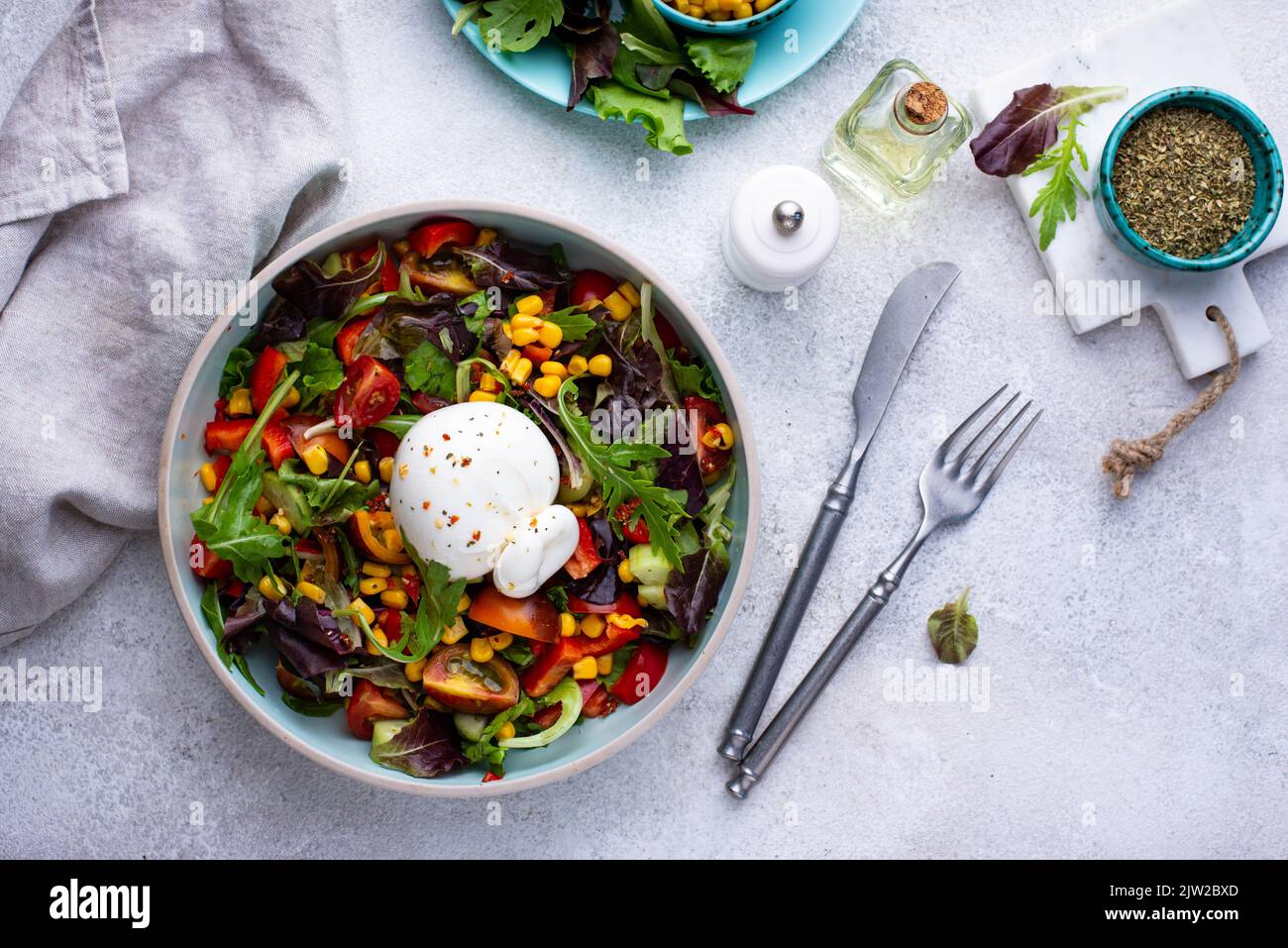 Burrata-Käse mit Gemüsesalat Stockfoto