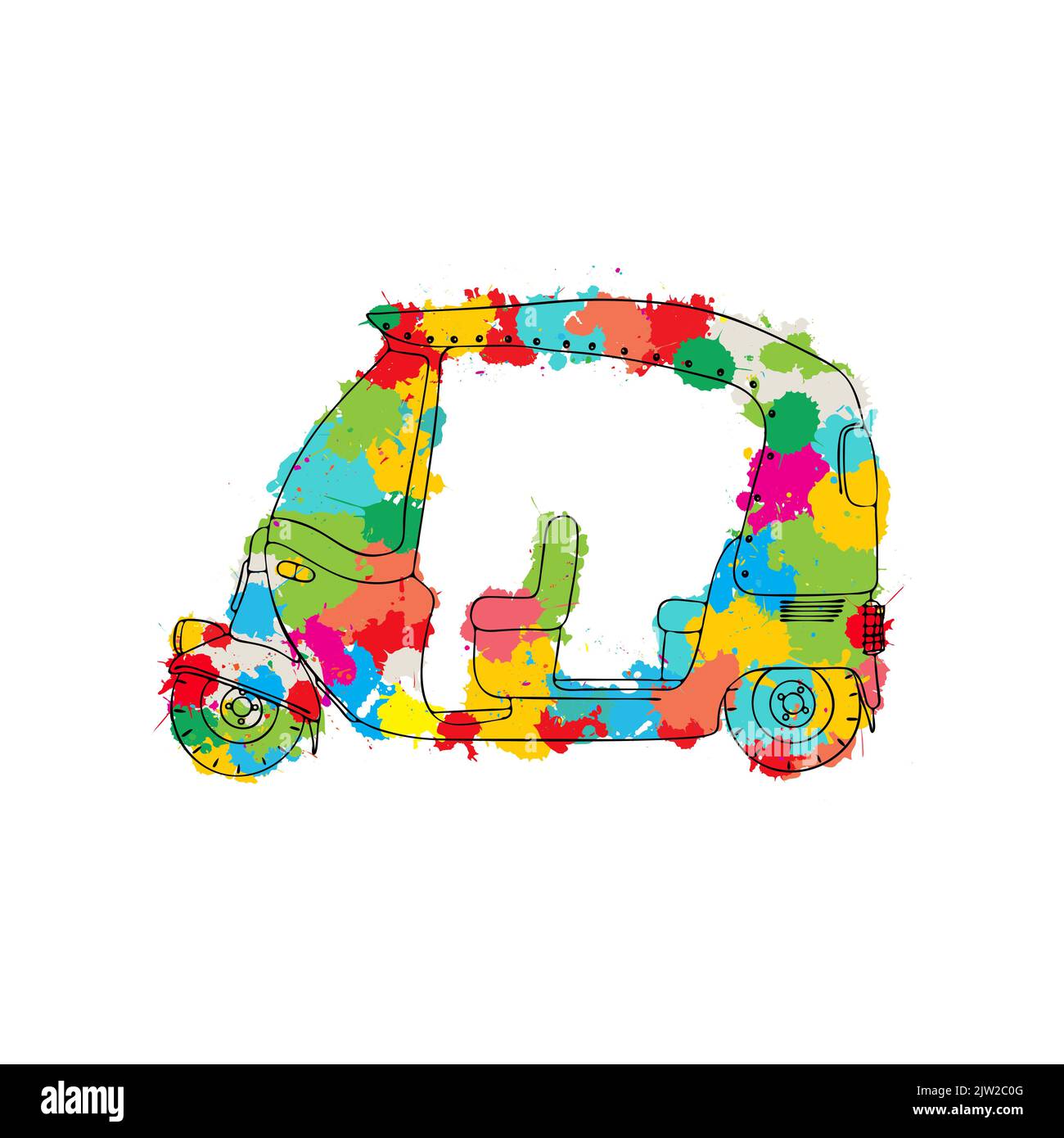 Tuk Tuk Cab Vektorskizze über farbigen Flecken Stockfoto