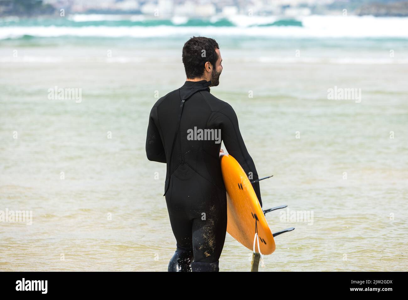 Rückansicht eines nicht erkennbaren jungen sportlichen männlichen Touristen mit dunklem Haar in Neoprenanzügen, der mit Brett ins wellige Meer eindringt, bevor er an sonnigen Tagen surft Stockfoto