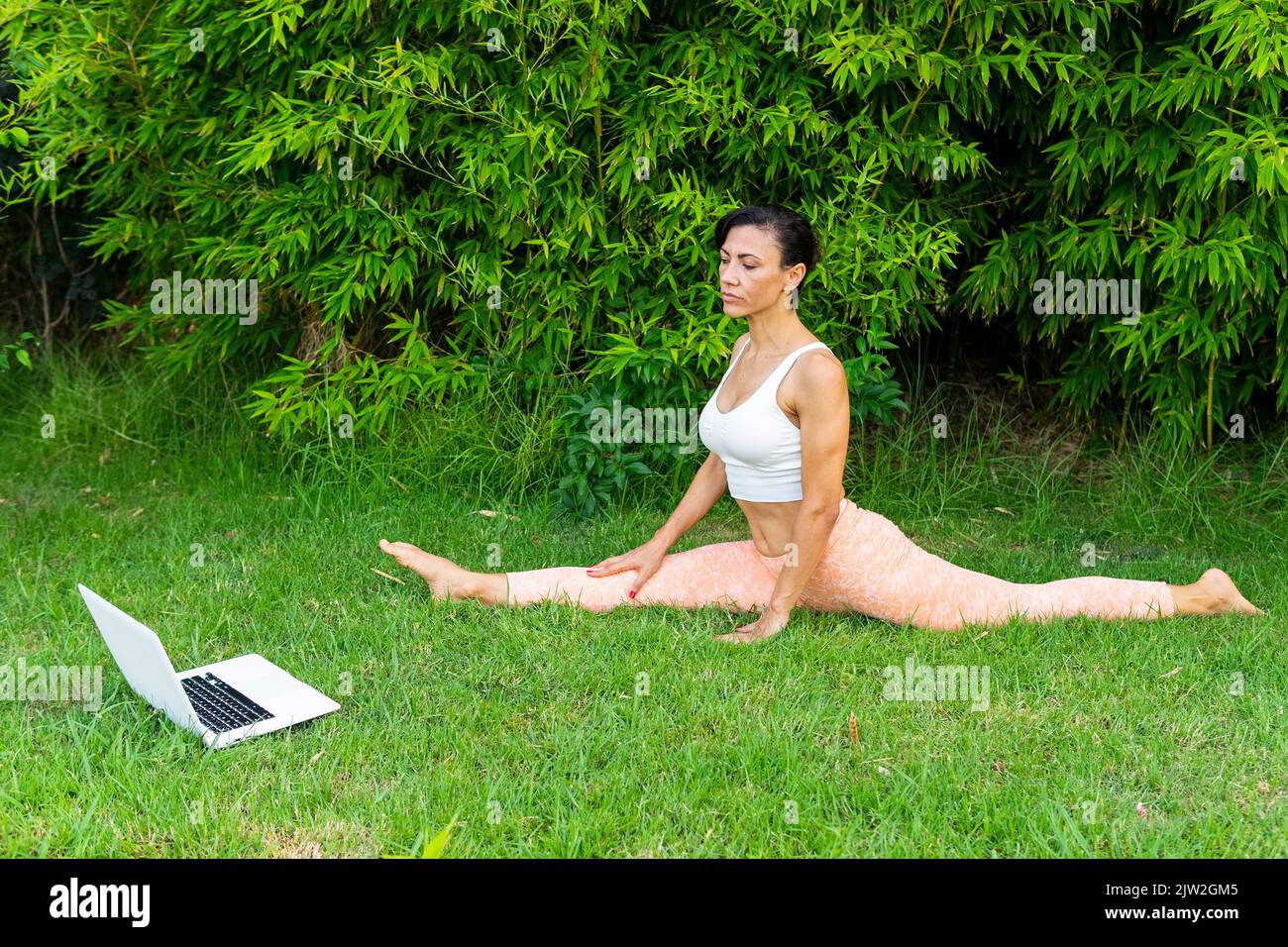 Ganzer Körper aktiver Frauen tun Front Splits Pose während Online-Yoga-Training im Park Stockfoto