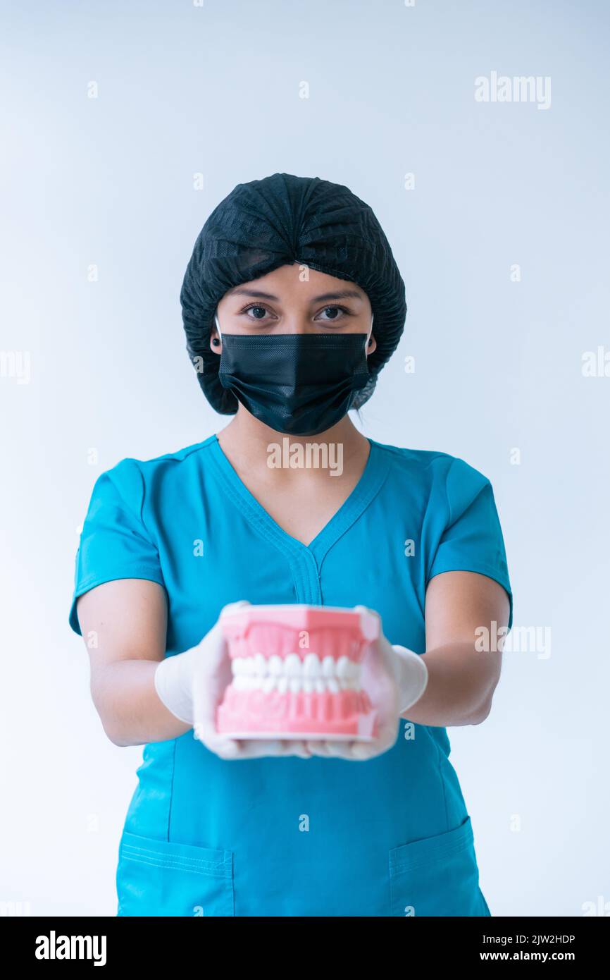 Positive junge Zahnärztin in blauen Peelings Schutzmaske Kappe und Handschuhe Demonstration Prothese und Blick auf die Kamera vor weißem Hintergrund Stockfoto