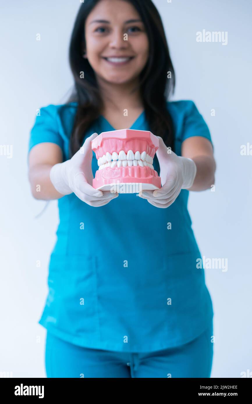 Positive junge Zahnärztin in blauen Peelings Schutzhandschuhen, die Prothese demonstrieren und vor weißem Hintergrund auf die Kamera schauen Stockfoto