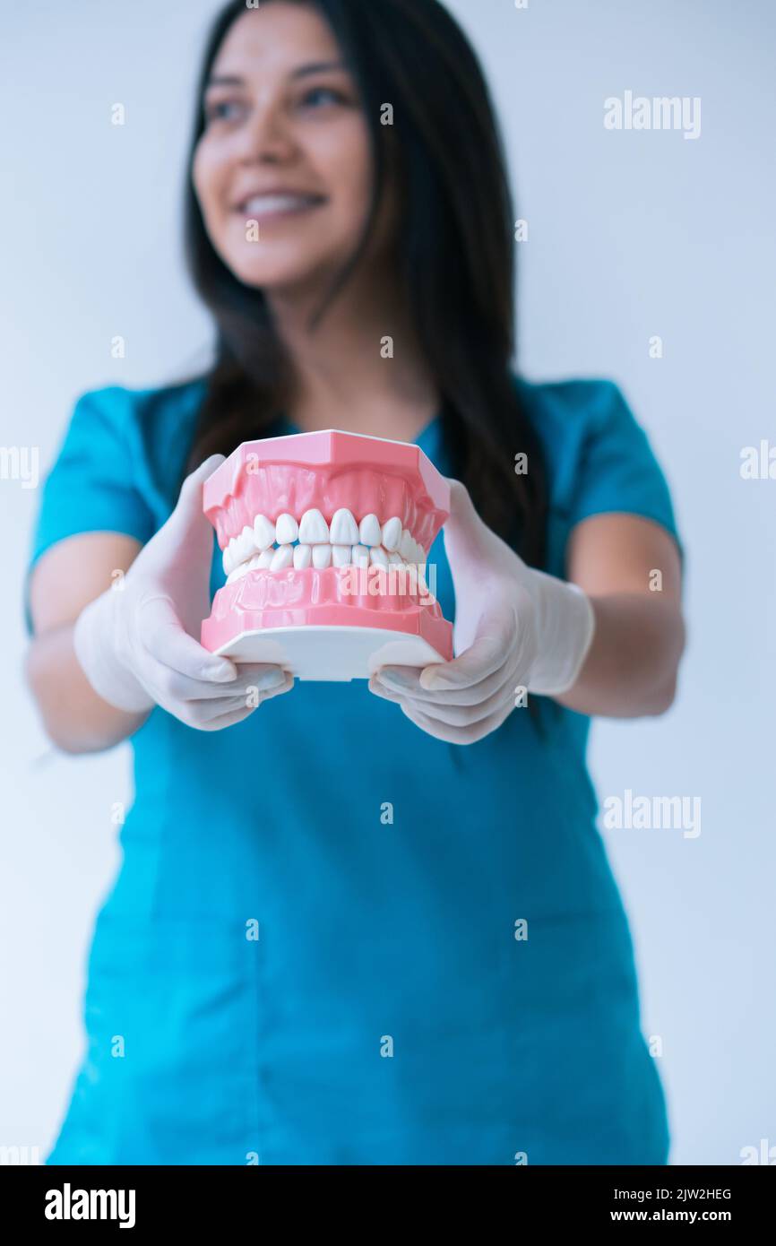 Positive junge Zahnärztin in blauen Peelings Schutzhandschuhen, die Prothese demonstrieren und vor weißem Hintergrund auf die Kamera schauen Stockfoto