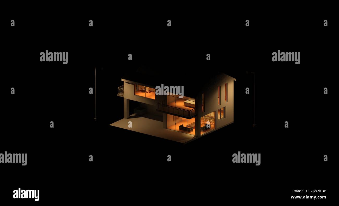 3D Wiedergabe des Hauses in der Nacht mit den Lichtern auf schwarzem Hintergrund Stockfoto