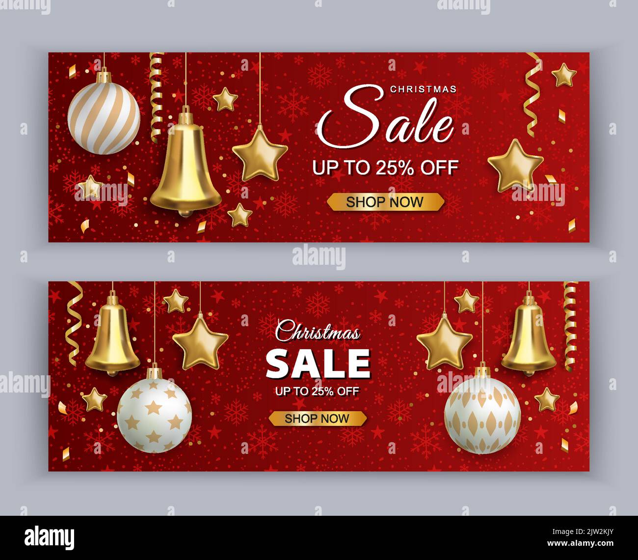Weihnachtliches rotes Banner mit Goldglocke, Goldstern, weißen weihnachtskugeln. Vektorgrafik für Verkaufsgutscheine Stock Vektor