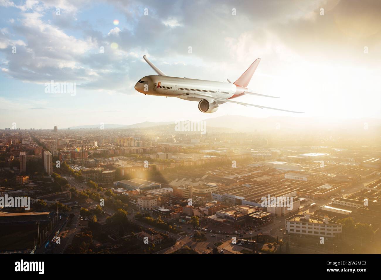 Seitenansicht eines kommerziellen Flugzeugs, das bei Sonnenuntergang über städtischen Gebieten fliegt. Mischung aus 3D und Rasterbildern Stockfoto