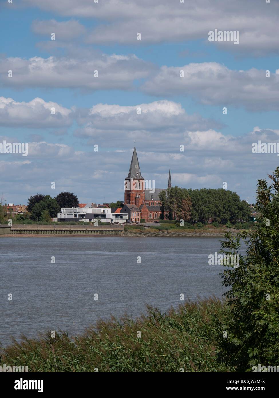 Vertikales Landschaftsfoto mit der Schelde und einem Blick auf die Sint Martinuskerk in Zwijndrecht, Belgien Stockfoto