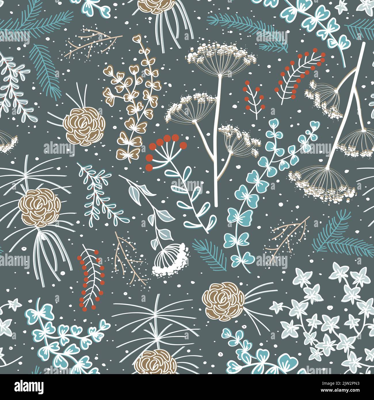 Frohe Weihnachten, nahtloses Blumenmuster für ein glückliches neues Jahr. Tannenzapfen, Doodle-Pflanzen und Beeren für Grußkarten, Geschenkpapiere. Winterhintergrund Stock Vektor