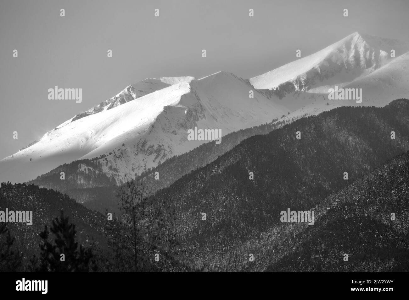 Bansko, Bulgarien Reise Winterlandschaft Panorama des Schnees Pirin Berggipfel bei Sonnenaufgang, schwarz und weiß Stockfoto