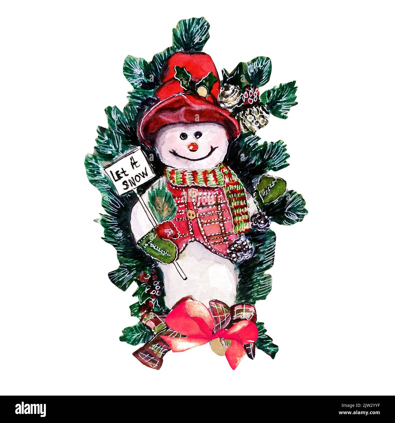 Handgezeichnete Aquarell-Illustration von niedlichen Schneemann in roten Hut in Kiefernästen, Outdoor-Weihnachtsdekor, Weihnachtskranz Stockfoto