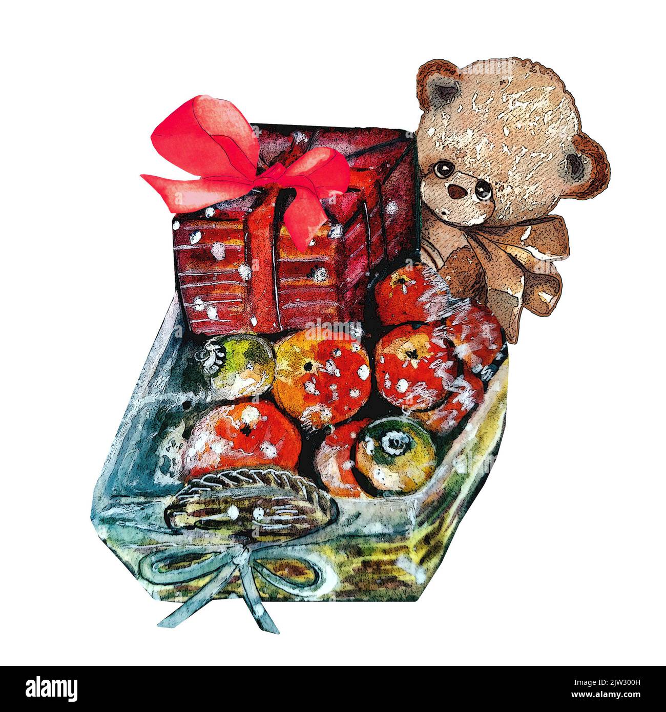 Aquarell Illustration Weihnachtskorb mit Teddybär Spielzeug, rote Geschenkbox und Mandarinen auf weißem isolierten Hintergrund. Geschenkschachtel für Neujahr. Stockfoto