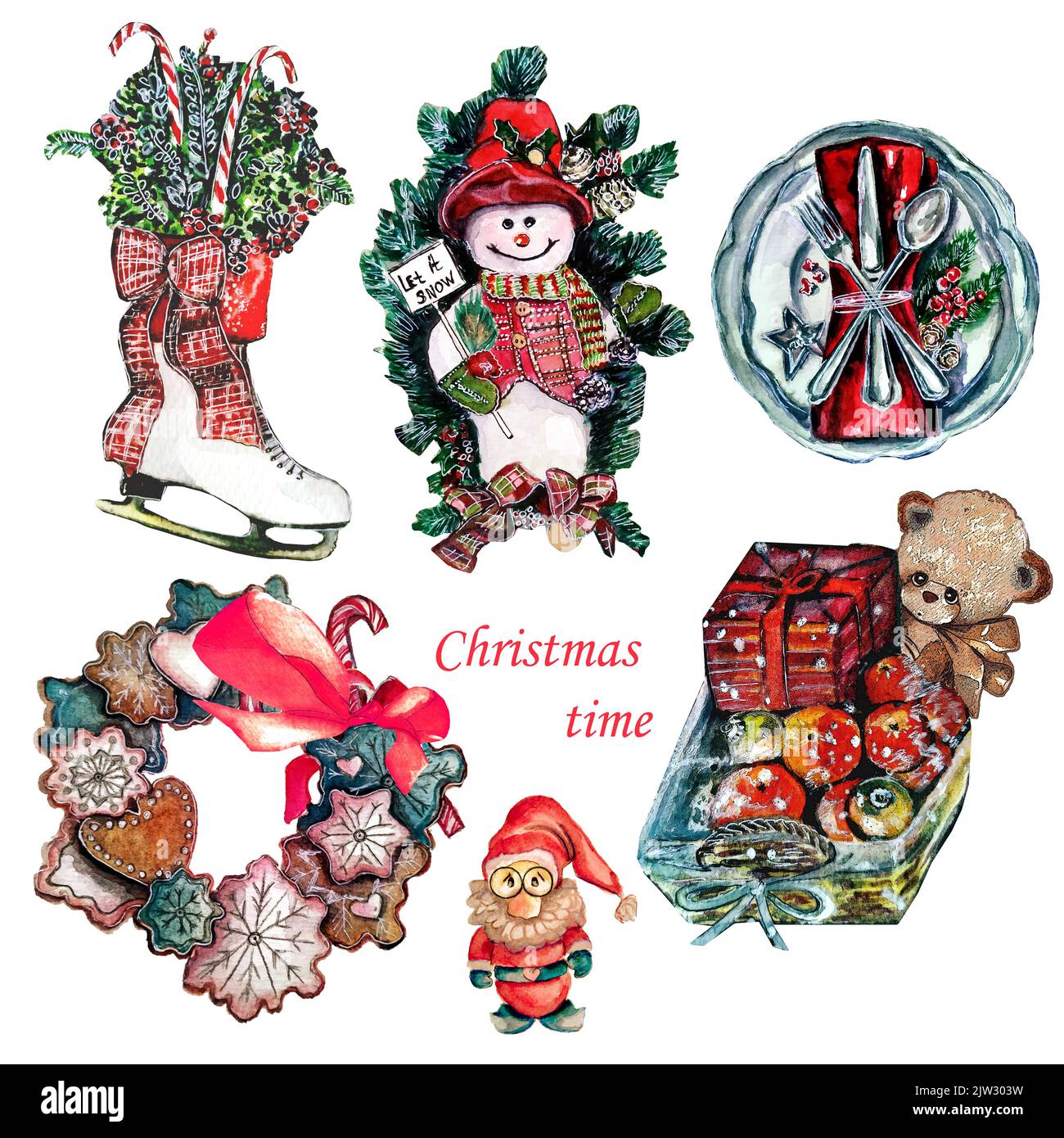 Aquarell Weihnachten Set von Chrictmas decorations.Gnome.Christmas Kränze in Form eines Skates, Schneemänner und Lebkuchen.Christmas Korb mit Teddy Stockfoto