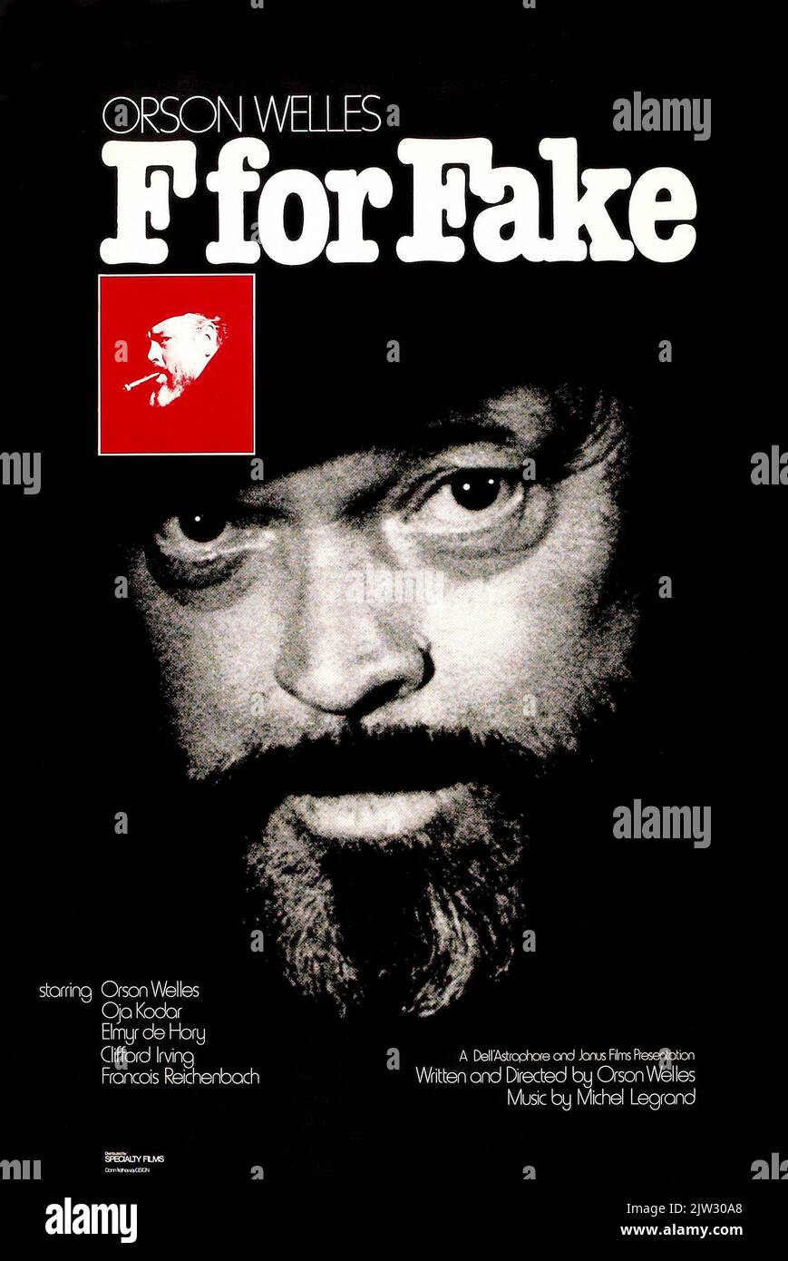 Amerikanisches Plakat zur Veröffentlichung des experimentellen Dokumentarfilms F for Fake aus dem Jahr 1973. Orson Welles. 1973 Stockfoto