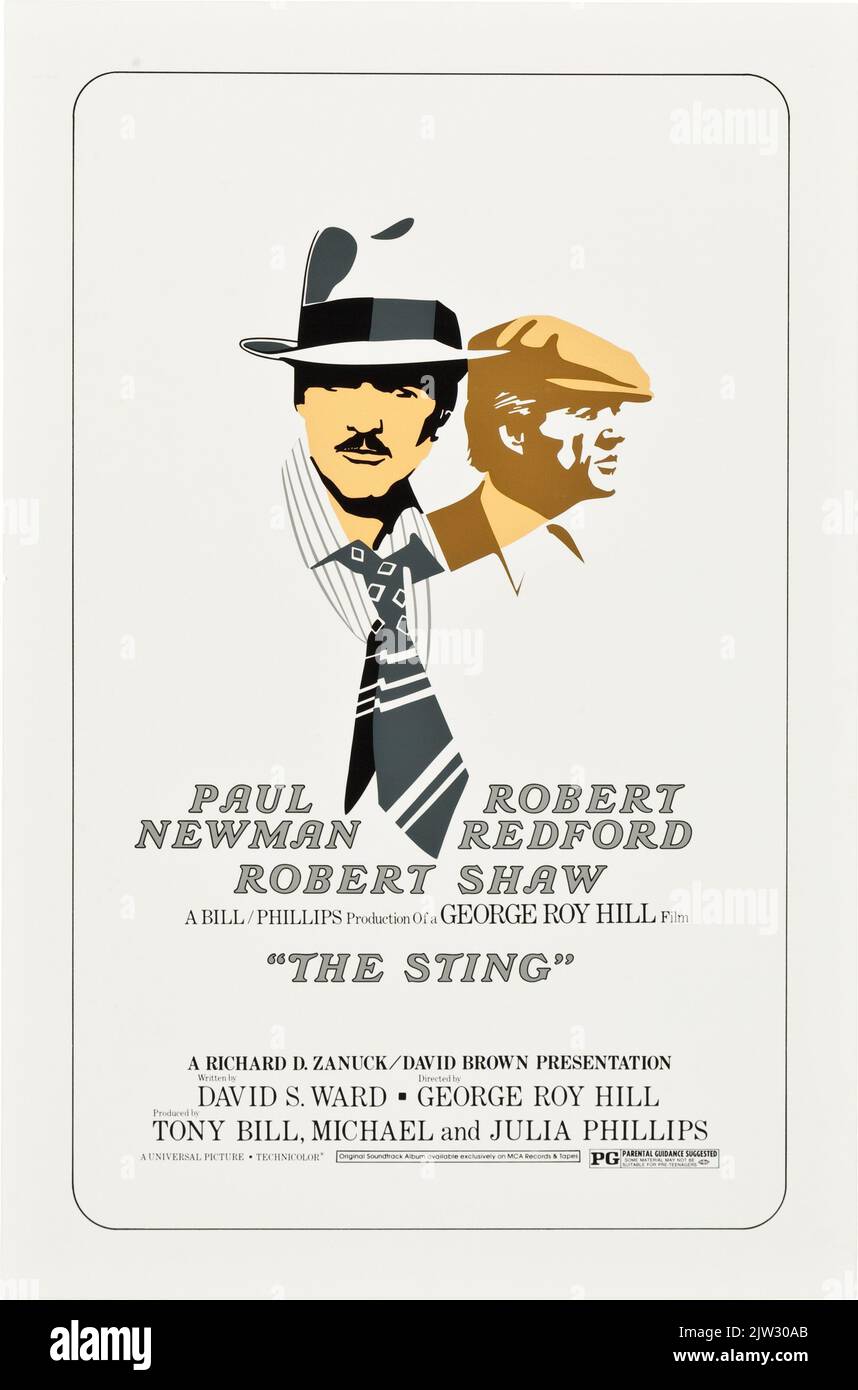Ein alternatives Plakat für die amerikanische Kinoveröffentlichung des Films The Sting aus dem Jahr 1973. Die Stars des Films, Paul Newman und Robert Redford, sind im minimalistischen Art déco-Stil dargestellt Stockfoto