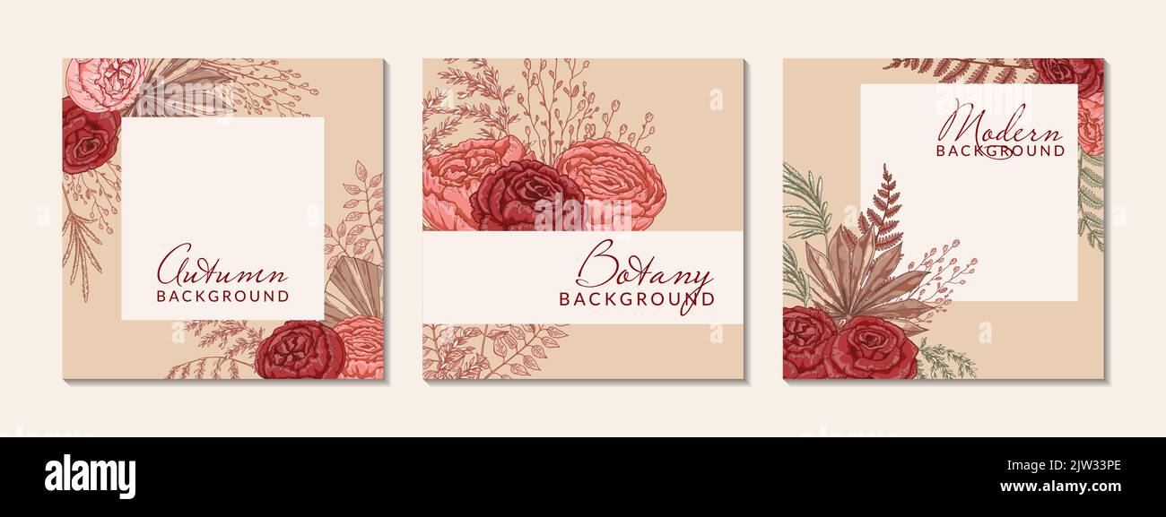 Set von Herbst quadratischen Hintergründen mit modernen floralen Elementen. Vorlage für Social Media-Beiträge. Handgezeichnete botanische Vektorgrafik. Platz für Text Stock Vektor