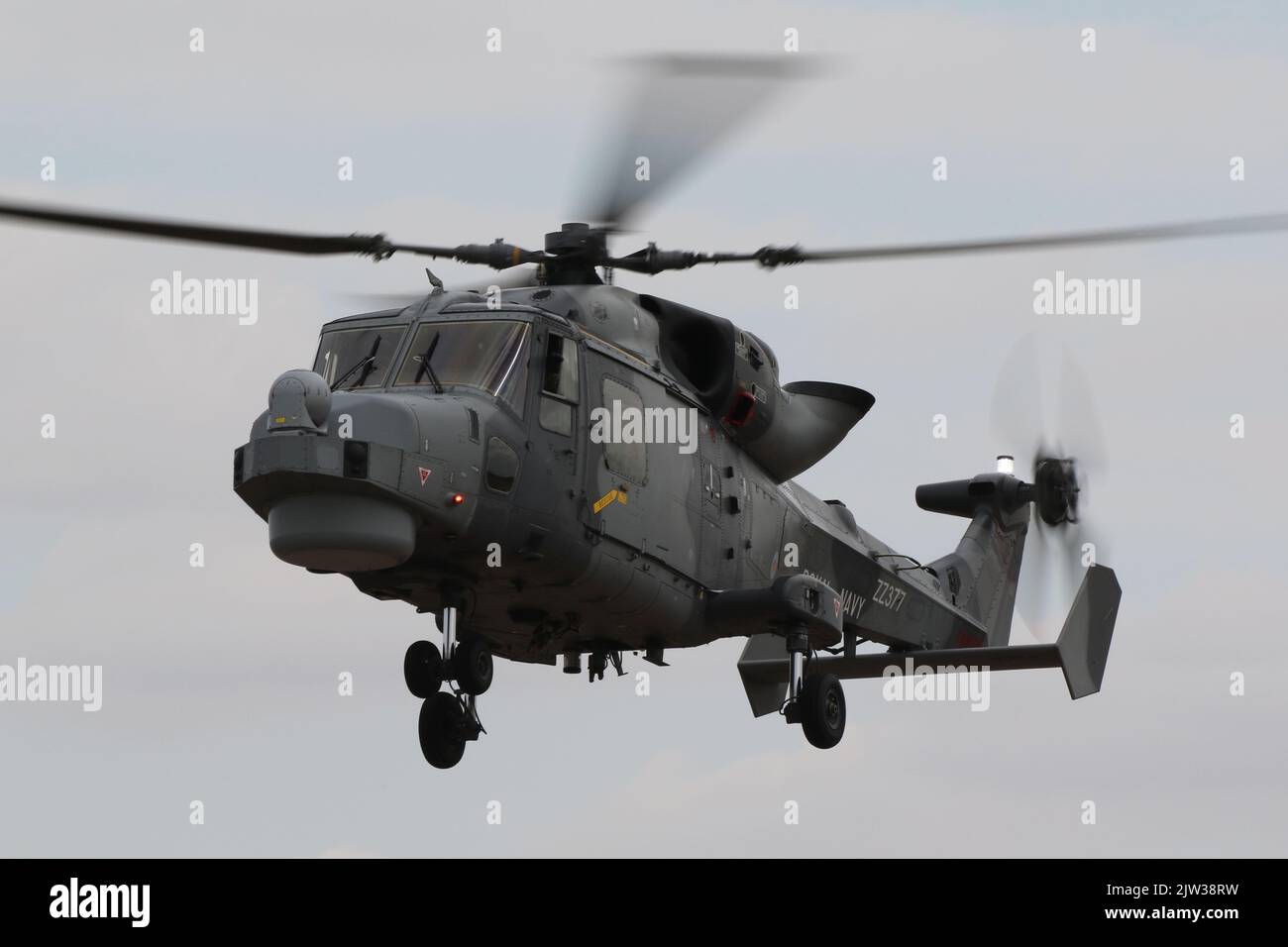 ZZ377, eine von der Royal Navy betriebene AgustaWestland Wildcat HMA2, die in RAF Fairford in Gloucestershire, England, ankommt, um an der Royal International Air Tattoo 2022 (RIAT 2022) teilzunehmen. Stockfoto