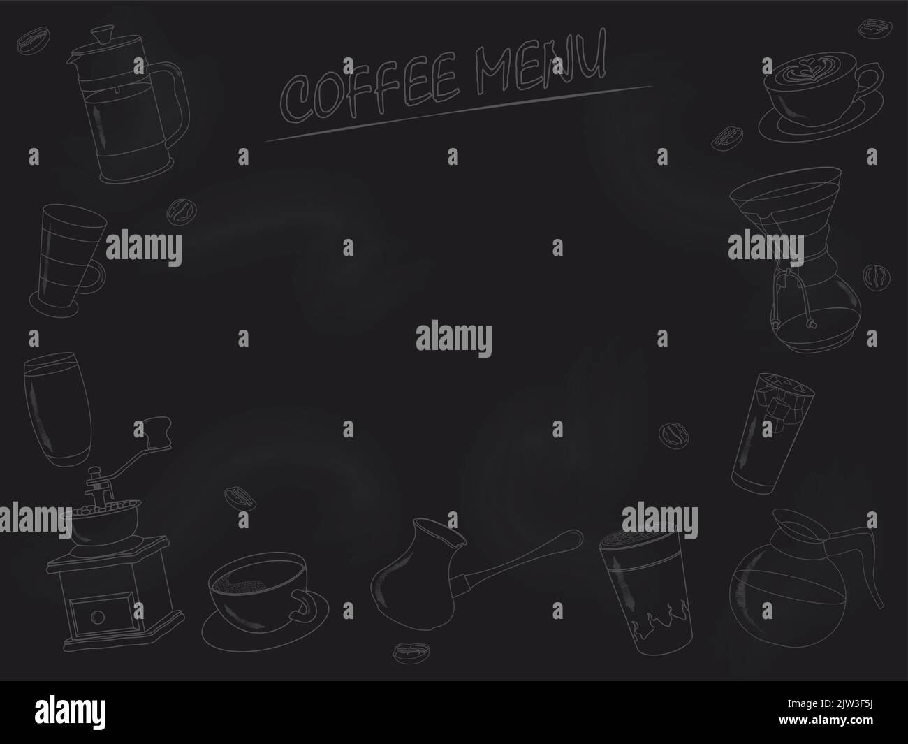 Kaffeegetränke-Menü mit Getränkekonturen und Kopierbereich auf Tafel Vektorgrafik gezeichnet Stock Vektor